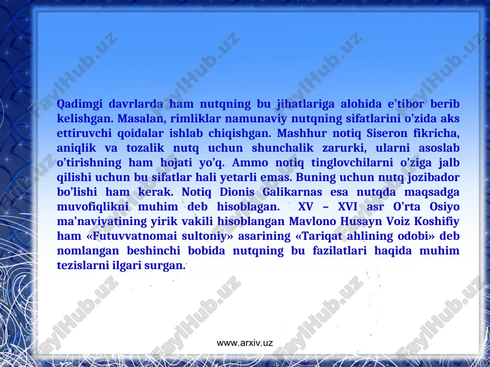 unday hodisa kuzatiladi. masalan, olma so’zini olaylik. bu so’zni alohida, urg’usiz olib qaraganda uning qanday ma’no anglatayotganini bilish qiyin bo’ladi. urg’u esa undagi ma’noning reallashuviga ko’maklashadi, ya’ni o*lma tarzida urg’u birinchi bo’g’inga tushganda harakat, olma* tarzida oxirgi bo’g’inga tushganda esa mevaning bir turi ma’nosi anglashiladi. tilimizda bunday so’zlar anchagina: qa*tlama – qatlama*, ho*zir – hozi*r, yigitcha* – yigi*tcha, o’quvchi*miz – o’quvchimi*z, ya*ngi – yangi* kabi. so’zlardagi bu xususiyatlarni farqlamasdan, urg’uni noto’g’ri qo’llash so’zlardagi ma’noning buzilishiga olib keladi. so’zlar talaffuzidagi bu kabi holatlarga, ayniqsa maorif va madaniyat xodimlari e’tibor berishlari va boshqalarga o’rnak bo’lishlari lozim. www.arxiv.uz www.arxiv.uz biz hozir urg’uning so’zlardagi qaysi bo’g’inlarga tushishi bilan ma’noning farqlanishi mumkinligini ko’rdik. shu holat gaplar doirasida ham kuzatiladi. gap tarkibidagi so’zlarni alohida urg’u bilan qo’llash ham gap mazmunining va ottenkasining o’zgarishiga sabab bo’lishi mumkin. masalan, men choy ichdim gapida kim ichganligi, nima ichganligi yoki nima ish qilinganligi nazarga olinib, gapdagi so’zlarning har uchalasidan biriga …