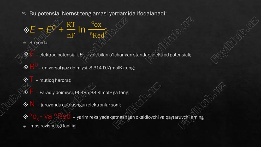 ing konsentratsiyasini nazorat qilishda. sanoatda texnologik jarayonlarni nazorat etishda, ayniqsa sun’iy tolalarni, polimer maxsulotlarni va oziq-ovqat sanoatida ph--muxitini yordamida nazorat amalga oshiriladi. biokimyoviy o’zgarishlarni nazoratida, ya’ni biologik suyuqliklarda, to’qimalar orasidagi bo’ladigan o’zgarishlarni nazoratini amalga oshirishda keng qo’llaniladi. potensiometrik usul yordamida aniqlashning asosiy yo’nalishi quyidagi sxemada keltirilgan: redoksimetriya ionometriya potensiyametriya ph - metriya kationometriya potensiyametriya titrlash anionometriya suyultirilgan eritmalarda modda aktivlik koeffitsienti birga yaqin, shuning uchun potensiometrik usulida aktivlikni konsentratsiya bilan almashtirish mumkin. bu uncha xatolikka olib kelmaydi. oksidlanish-qaytarilish reaksiyalarida aox+ne=ared eritmada oksidlangan shakldagi ionlar (aox) va qaytarilgan shakldagi ionlar (ared) redoksijuftlikni hosil qiladi. elekrod potensialning oksidlovchi va qaytariluvchining konsentratsiyasiga miqdoriy bog’liqligini quyidagi formula orqali ifodalanadi:   + = . lg bu erda [ox] – oksidlangan ionlarning konsentratsiyasi. [red]– qaytarilgan ionlarning konsentratsiyasi. 0 – redoksi juftlikni standart elektrod potensiali. n– elektronlar soni. agar oksidlanishda qaytariluvchi reaksiyalarning stexiometrik koeffitsienti birga teng bo’lmasa, ular tenglamaga kerakli konsentratsiyasi darajasining ko’rsatkichi bo’lib, kiradi. vodorod …