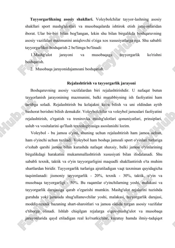 ddiy-texnik bazaning shart-sharoitlari va jamoa oldida turgan asosiy vazifalar e'tiborga olinadi. ishlab chiqilgan rejalarga o'quv-mashg'ulot va musobaqa jarayonlarida qayd etiladigan real ko'rsatkichlar, kuzatuy hamda ilmiy-tadqiqot natijalar asosida maqsadli o'zgartirishlar yoki qo'shimchatadbirlar kiritilishi mumkin. har bir o'yinchi va jamoaga alohida istiqbol rejasi (4 yilga), yillik reja, mezo - va mikrosikllar rejalari 0°«у reja, tezkor reja) tuzilishi darkor. rejalashtirilgan mashg'ulot va musobaqa yuklamalarini o'zlashtirish samaradorligini obyektiv va asosli baholash uchun tayyorgarlik turlari bo'yicha erishilgan imkoniyatlar me'yoriy testlar asosida nazoratidan o'tkazilib turilishi lozim. rejalashtirish turlari. ko'p yillik sport trenirovkasi uzoq muddatli pedagogik jarayon bo'lib, u turli davr va bosqichlarga mo'ljallangan o'ziga xos maqsadli rejalashtiruv hujjatlari asosida boshqariladi. yuqorida qayd etilganidek, ko'p yillik tayyorgarlik jarayonini maqsadli boshqarish avvalambor 4 yilga mo'ljallangan strategik hujjat -istiqbol rejasi asosida amalga oshiriladi. istiqbol rejasi - bu jamoa va o'yinchilar sport mahoratini takomillashtirishga qaratilgan konseptual dastur bo'lib, unda yillik tayyorgarlik siklining turli davr va bosqichlari uchun belgilangan real maqsad …