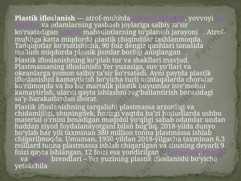 chilik nafaqat aqshda, qolaversa, boshqa mamlakatlarda ham kuzatilmoqda plastik ifloslanish baʼzan plastik yomgʻir — kislotali yomgʻirning yangi turini keltirib chiqarmoqda (bunday zaharli yogʻingarchilik nafaqat aqshda, qolaversa, boshqa mamlakatlarda ham kuzatilmoqda aqshning atrof-muhitni muhofaza qilish agentligi maʼlumotiga koʻra, 2011-yilda plastmassa qattiq maishiy chiqindilarning 12 foizdan koʻprogʻidan iborat boʻlgan[6] (1960-yillarda plastmassa qattiq maishiy chiqindilarning 1 foizdan kamrogʻini tashkil etgan, xolos). plastik ifloslanish dunyodagi katta chiqindilarni boshqarish muammosining bir qismidir. tahliliy hisobotlarga koʻra, har yili dunyo boʻyicha 2 milliard tonna qattiq maishiy chiqindi atrof-muhitga tashlanadi. jami chiqindilarning deyarli yarmi, yaʼni 44 foizini organik va oziq-ovqat chiqindilari, 17 foizini qogʻoz va karton, 12 foizga yaqinini esa plastik chiqindilar tashkil etadi. shotlandiyaning zero waste scotland ekologiya tashkiloti hisob-kitoblariga asosan, oziq-ovqat chiqindilaridagi uglerod hissasi plastikdan yuqori boʻlishi mumkin turli texnologiyalar yordamida yaratilgan plastik mahsulotlarning oʻrtacha parchalanish vaqti 400 yildan 700 yilgacha ekani aniqlangan. odamlar har kuni ishlatadigan plastik qoplar tabiatda 100 yildan 200 yilgacha boʻlgan muddatda …