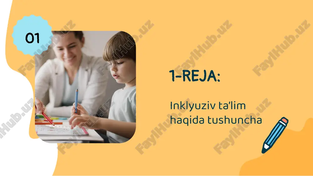 zlik qilmaydigan shaxsga aylanadilar insonlarga, imkoniyati cheklanganlarga pozitiv munosabat, o‘zaro hurmat tarbiyalanadi barcha toifadagi bolalarni qamrab olgan holda umumiy ta’lim tizimida o‘quvchilarni o‘qitish va ularning tengligini ta’minlash nogironligi bo‘lgan bolalar kelajakda ijtimoiy hayotda o‘z o‘rnilarini topishlari mumkindir inklyuziv ta’limni joriy etish masalalari tayanch so’zlar o’zbek tilida ingliz tilida rus tilida ma’nosi anomal anomal аномал – yunoncha “noraso, odatdan tashqari”, nuqsonli degan ma’noni bildiradi integratsiya integration интеграция lot. integratio — tiklash, toʻldirish, integer — butun soʻzidan olingan bo’lib, alohida ehtiyojli bolalarni umumiy ta'limga singib ketish jarayoni kompensatsiya compensation kомпенсация ta’lim-tarbiya jarayonida sog’lom sezgi a’zolariga tayanish yoki qisman buzilgan funksiyalarni qayta qurish orqali me’yordan chiqqan analizator o’rnini to’ldirish (qoplash) korreksiya correction kоррекция rivojlanishida muammosi bo’lgan bolalarning psixik va jismoniy taraqqiyotidagi me’yordan chetga chiqishlarni pedagogik usul va chora tadbirlar yordamida qisman yoki butunlay bartaraf etish t a y a n c h s o ’ z l a r 2-reja: o‘zres vm 638-son …