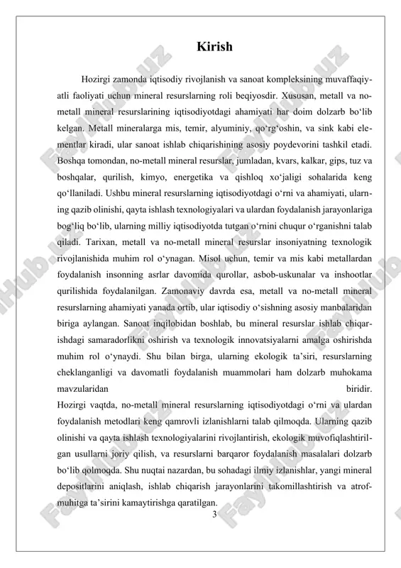 dir. bu izlanishlar, yosh olimlar va amaliyotchilar uchun resurslarni barqaror va samarali boshqarish bo‘yicha muhim ilmiy asos bo‘lib xizmat qiladi. umuman olganda, no-metall mineral resurslarning xalq xo‘jaligidagi o‘rni va ularning barqaror foydalanish yo‘llarini o‘rganish, milliy iqtisodiyotning rivojlanishiga katta hissa qo‘shadi. bu sohada olib boriladigan ilmiy izlanishlar, resurslarni samarali boshqarish, atrof-muhitni muhofaza qilish va texnologik innovatsiyalarni joriy etish kabi muhim vazifalarni hal qilishda asosiy rol o‘ynaydi. bu tadqiqot, mamlakatlarning iqtisodiy barqarorligini ta’minlash va global bozorlar bilan raqobat qilish imkoniyatlarini kengaytirishga xizmat qiladi. shu bilan birga, u kelajakda resurslar bilan bog‘liq muammolarni bartaraf qilish va ekologik xavfsizlikni ta’minlash uchun zamin yaratadi. i. nomoʻmetal mineralarning asosiy turlari va ularning xossalari nomoʻmetal mineralarning asosiy turlari va ularning xossalari haqida gapirganda, avvalo, ularning kimyoviy va fizik xususiyatlarini tushunish muhimdir. nomoʻmetal mineralari — metallarga kiradigan bo‘lmagan, ammo iqtisodiy va sanoat faoliyatida muhim o‘rin tutadigan mineral resurslardir. ular odatda, kimyoviy tarkibiga va geologik joylashuviga qarab, turli turlarga …