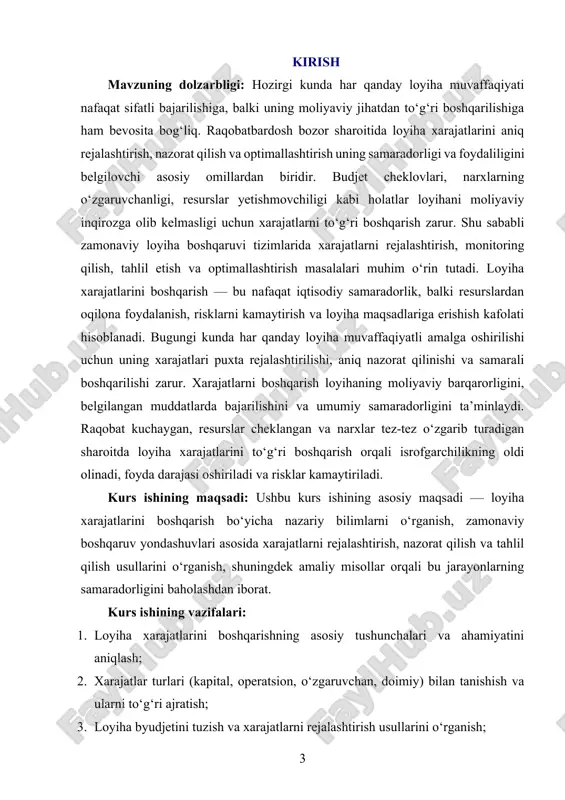 ing real amaliyotda qanday joriy etilishi va natijadorligi hisoblanadi. qurilish, ishlab chiqarish, it, sog‘liqni saqlash va boshqa sohalardagi loyihalarda byudjet tuzish, xarajatlarni taqsimlash, nazorat qilish va optimallashtirish jarayonlari o‘rganiladi. kurs ishining predmeti: loyiha xarajatlarini boshqarish usullari, prinsiplari, bosqichlari va tahlil metodikasi. xarajatlarni rejalashtirish, nazorat qilish, budjetni boshqarish, moliyaviy tahlil, xarajatlar samaradorligini baholash va optimallashtirishga doir usullar kurs ishi predmetini tashkil etadi. kurs ishining metodologik asosi: metodologiya sifatida taqqoslov tahlil, moliyaviy hisobot tahlili, grafik va statistik ko‘rsatkichlar asosida baholash usullari qo‘llaniladi. zamonaviy loyiha boshqaruvi metodlari, jumladan, earned value management (evm), cost performance index (cpi), va boshqa yondashuvlar asosida xarajatlar samaradorligi baholanadi. kurs ishining amaliy ahamiyati: ushbu kurs ishi orqali talabalar loyiha xarajatlarini rejalashtirish, boshqarish va nazorat qilish ko‘nikmalarini shakllantiradilar. bu kelgusida ularni real loyiha amaliyotida moliyaviy masalalarni hal qilish, byudjet ustida ishlash, iqtisodiy tahlil qilish va samaradorlikni ta’minlash imkoniyati bilan ta’minlaydi. kurs ishining tarkibiy tuzilishi va hajmi: mazkur kurs ishi kirish, …