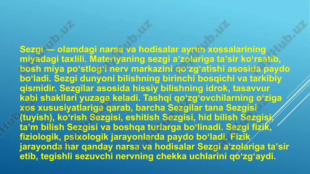 da oddiy psixologik jarayon bo‘lib, tashqi olamdagi narsa va hodisalarni aks ettiradi. tashqi olamdan kelayotgan qo‘zg‘atuvchilarning muayyan retseptorlarga bevosita ta’sir etish orqali ayrim belgi va xususiyatlarni va organizm ichki holatini aks ettiradi. ma’lumki, insondan sezishning dastlabki bosqichi hissiy bilishdan boshlanib, keyinchalik u mantiqiy bilishga o‘tadi. sezgi ham oddiy psixologik jarayon bo‘lgani bilan uning yuzaga kelishi o‘z-o‘zidan hosil bo‘lmaydi. ular jumlasiga quyidagilar kiradi: sezgi a’zolariga ta’sir etadigan narsa va hodisaning bo‘lishi. sezuvchi apparat, ya’ni analizatorning mavjud bo‘lishi. masalan, havoning sovuqligini, temirning qattiqligini, qorning yumshoqligi va boshqalarni sezamiz. sezgi idrok bilan bog‘liq bo‘ladi, lekin narsa va hodisani idrok qilishdan oldin uni sezish lozim, shu bois sezgilar materiyaning sezgi a’zolarimizga ta’siri natijasidir. sezgi axborotlarini qabul qilib, tanlab, to‘plab, har bir sekundda axborotlar oqimini qabul qilib va qayta ishlab miyaga etkazib beradi. ma’lumki, sezgilar faqatgina tashqi ta’sirlar natijasida hosil bo‘lmay, balki organizmning ichki holatida ham amalga oshiriladi. sezgi nerv tizimining u yoki bu qo‘zg‘atuvchidan …