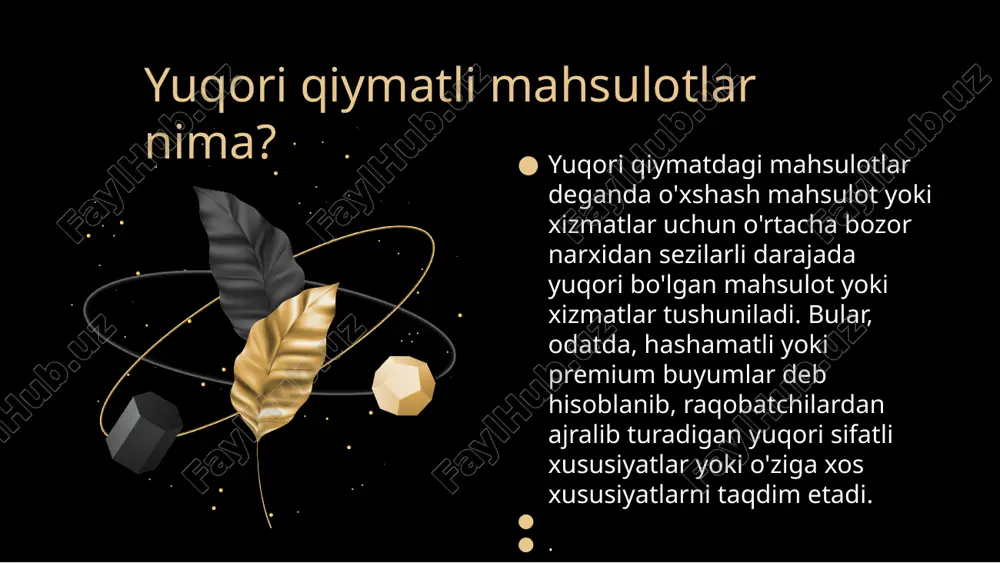 tbuklar va kameralar kabi texnologiya mahsulotlari, agar ular ilg'or xususiyatlar, ilg'or texnologiyalar va ajoyib ishlashni taklif qilsa, yuqori xarajatli toifaga kirishi mumkin. misol uchun bozor qiymati $2.640 trillion bo’lgan apple kompaniyasining mahsulotlarining narxlari qolgan raqobatchilariga qaraganda qimmatroq va o’zining mijozlari uchun minimalizm va yuqori darajadagi xavfsizlik taklif etadi. borozda o’zining alohida operatsion tizimi orqali qolganlardan ajralib turadi. yuqori sifat shuni ta'kidlash kerakki, yuqori baholi tovarlarning ta'rifi iste'molchining shaxsiy xohish-istaklari va qiymatni idrok etishiga qarab farq qilishi mumkin. bir iste'molchi uchun yuqori qiymat deb hisoblangan narsa boshqasi uchun bir xil bo'lmasligi mumkin. nega yuqori qiymatli mahsulotlar mavjud qimmatbaho mahsulotlarga talab ko'pincha yuqori bo'ladi, chunki bu mahsulotlar iste'molchilarga kerakli bo'lgan turli xil qulaylik va xususiyatlarni taqdim etadi. yuqori qiymatli mahsulotlarga talab yuqori bo'lishining ba'zi sabablari mavjud: 1. sifat 2. obro'-e'tibor 3. xususiyatlari 4. brend obro'si 5. hissiy joziba sifat yuqori qiymatli mahsulotlar odatda yuqori sifat bilan bog'liq. iste'molchilar ko'pincha yaxshi ishlab chiqarilgan, …