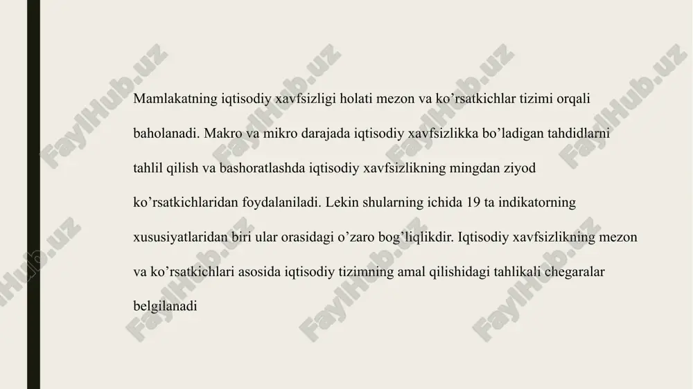 tashqi savdo, ilmiy-texnikaviy hamkorlik va boshqalarda, barcha mamlakatlar uchun xavfsizlikning ma’lum chegaralari mavjud bo’lib, ularni ilmiy asoslangan me’yorlar asosida aniqlash mumkin. ayni paytda ayrim olingan mamlakatda mavjud bo’lgan vaziyatga to’liq baho beruvchi universal ko’rsatkich mavjud ekanligi to’g’risida gapirish unchalik to’g’ri bo’lmaydi. chunki iqtisodiy xavfsizlik ko’p omillar ta’sirida bo’ladigan hodisa hisoblanib, u milliy ishlab chiqarishning uzluksiz o’zgarib turuvchi ichki va tashqi sharoitlarining yig’indisini aks ettiradi. image1.jpeg image2.jpeg image3.png image4.jpeg image5.png image6.png image7.jpeg image8.png /docprops/thumbnail.jpeg