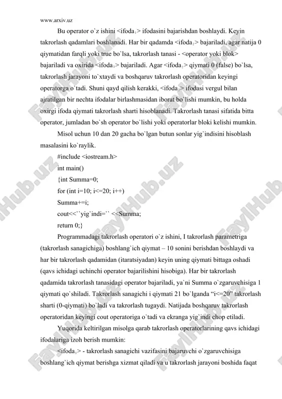 ar bir raqami takrorlash operatorlari yordamida hosil qilinadi. birinchi, tashqi takrorlash operatori bilan 2-xonadagi raqam (a2 takrorlash parametri) hosil qilinadi. ikkinchi, ichki takrorlash operatorida (a1 takrorlash parametri) son ko`rinishining 1-xonasidagi raqam va nihoyat, unga nisbatan ichki bo`gan a0 parametrli takrorlash operatorida 0-xonadagi raqamlar hosil qilinadi. har bir tashqi takrorlashning bir qadamiga ichki takrorlash operatorining to`liq bajarilishi to`g`ri keladi. while takrorlash operatori:[1(99-100), 3(41-43), 4(56)] while takrorlash operatori, operator yoki blokni takrorlash sharti yolg`on (false yoki 0) bo`lguncha takror bajaradi. u quyidagi sintaksisga ega: while ( ) ; agar rost qiymatli o`zgarmas ifoda bo`lsa, takrorlash cheksiz bo`ladi. xuddi shunday, takrorlash boshlanishida rost bo`lib, uning qiymatiga takrorlash tanasidagi hisoblash ta`sir etmasa, ya`ni uning qiymati o`zgarmasa, takrorlash cheksiz bo`ladi. while takrorlash shartini oldindan tekshiruvchi takrorlash operatori hisoblanadi. agar takrorlash boshida yolg`on bo`lsa, while operatori tarkibidagi qismi bajarilmasdan cheklab o`tiladi. ayrim hollarda qiymat berish operatori ko`rinishida kelishi mumkin. bunda qiymat berish amali bajariladi va natija …
