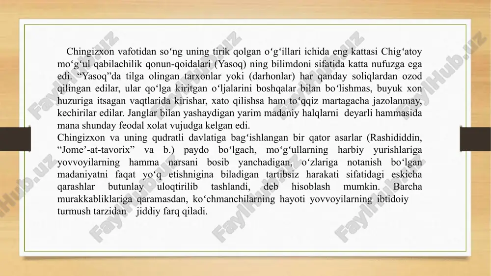 mda oqar suvda tahorat qilish mumkin degan fikrlarni targʻib qildi. chigʻatoy yurtiga amalda uning oʻlimidan soʻng xorazm, gʻarbiy turkiston va afgʻonistonni oʻz hukmronligi ostida mustahkamlagan nevarasi hulagu tomonidan asos solingan edi. chigʻatoy avlodidan birinchi boʻlib muborakshoh (664-1266) ochiqchasiga islomni qabul qildi. biroq 690-1291-yili hokimiyat tepasiga kelgan duva va uning avlodlari ashaddiy majusiylardan edi. ularping er-suvlari esa asosan sharqda, tiyonshonning ikki tomonida joylashgan edi. oradan 20 yillar oʻtgach, yaʼni 1309-yili movarounnahrga birinchi boʻlib kyobekxon (koʻpekxon) qaytdi va nahshab (qarshi) da oʻzi uchun saroy barpo ettirdi. movarounnahr hayotida kyobek tomonidan oʻtkazilgan maʼmuriy islohot katta ahamiyat kasb etdi. ibn arabshoh taʼriflari shuni koʻrsatadiki, temur siyosiy faoliyatining boshlanishida samarkand barcha rutsaklar bilan etti tumandan iborat edi. fargʻonada toʻqqiz tuman bor edi, deb koʻrsatadi ibn arabshoh. bunday miqdorda aholisi boʻlgan hududni tasavvur qilib koʻrmoq kerak, zero har bir tuman 10 ming jangchini maydonga chiqarishi mumkin edi. kyobek boshqa ijtimoiy-iqtisodiy islohotlar ham oʻtkazdi. chigʻatoy ulusining movarounnahr …