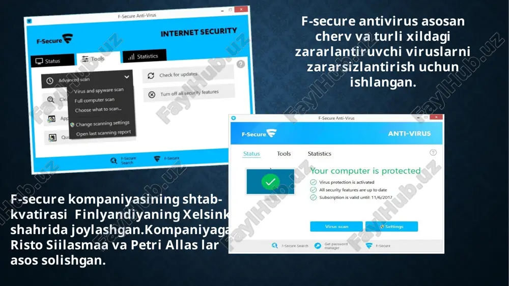 aytlarning noto'g'ri qulflari - ma'lum miqdordagi noto'g'ri pozitsiyalarni ko'rsatadi. 16 ballning yakuniy natijasi yaxshi, biroq bitdefender, kasperskiy va trend micro kompaniyasining etakchilari maksimal 18 ball to'pladilar. mrg-effitas laboratoriyasining sinovlari asosida aniq bir qaror qabul qilindi - testdan o'tdi yoki muvaffaqiyatsizlikka uchradi. boshqa ko'plab mahsulotlar kabi, f-secure bank troyanlariga qarshi testdan o'tmadi. har xil tahdidlarni blokirovka qilish uchun testda antivirus ishtirok etmadi. f-securening jami natijasi 10 balldan 8,3 ballni tashkil etadi. faqat ayrim raqiblar yaxshi ishladi. lider eng ko'p 10 ball bilan kasperskiy antivirus hisoblanadi antiviruslar f-bitdefender dvigatelida ishlaydi, shuning uchun bizning himoyachimiz bilan tizim jiddiy yukni boshdan kechirmaydilar. windows f-secure havfsizlik 2016 qayta ishga tushirilgandan so'ng, juda ko'p yuklangan bo'lsa, protsessor resursidan foydalanish 100% ga etadi, ammo uzoq vaqt emas. oddiy finlyandiya antivirusida ruminiyalik "dad" ga nisbatan kamroq ram foydalanadi - 75 mb dan kam. f-secure havfsizlik 2016 fishing uchun sinov vaqtida 10 ta noqonuniy saytdan barchasini bloklab qo’ydi f-secure …
