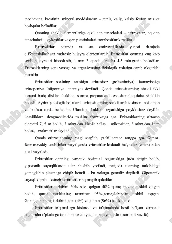 ridni o'pkalarga tashib beruvchi yagona xujayralardir (transport vazifa). eritrositlar gazlar almashinuvida qatnashishdan tashqari, o'zlariga har-xil moddalarni, aminokislotalarni va toksinlarni ham yutadilar – bu jarayonga adsorbsiya deyiladi. leykositlar. bu termin yunoncha leikos so'zidan kelib chiqgan bo'lib, oqish-ma'nosini anglatadi. leykositlar organizmda turli-tuman vazifalarni, jumladan trofik va himoya funksiyasini o'taydilar. ularning himoya vazifasi yot zarrachalarni fagositoz qilish, antitelalarni ishlash, immunitet hosil qilish bilan ifodalanadi. sog'lom odamlarda o'rtacha 1 mm 3 qonda 6-8 ming leykosit bo'lib, ularning sonini ortib ketishiga – leykositoz, kamayishiga – leykoseniya deyiladi. bu holatlar fiziologik va patalogik, ya'ni kasalliklar bilan bog'liq bo'lishi mumkin. barcha leykositlar sitoplazmasida maxsus donachalar bo'lish va bo'lmasligiga qarab 2 ta gruppaga ajratiladi. 1) donali va 2) donasiz (granulasit va organulasitlar) leykositlar. donali leykositlarning granulalari qanday bo'yoqlar bilan bo'yalishiga qarab, eozinofillar, bazofillar va neytrofillarga bo'linadilar. agranulasitlar o'z navbatida monosit va limfositlarga ajratiladi. granulasitlarning barcha turlarini tuzilishlari bir-birga o'xshasada, ularning donalarining tarkibi bilan farq qiladilar. neytrofillar – leykositlarning …