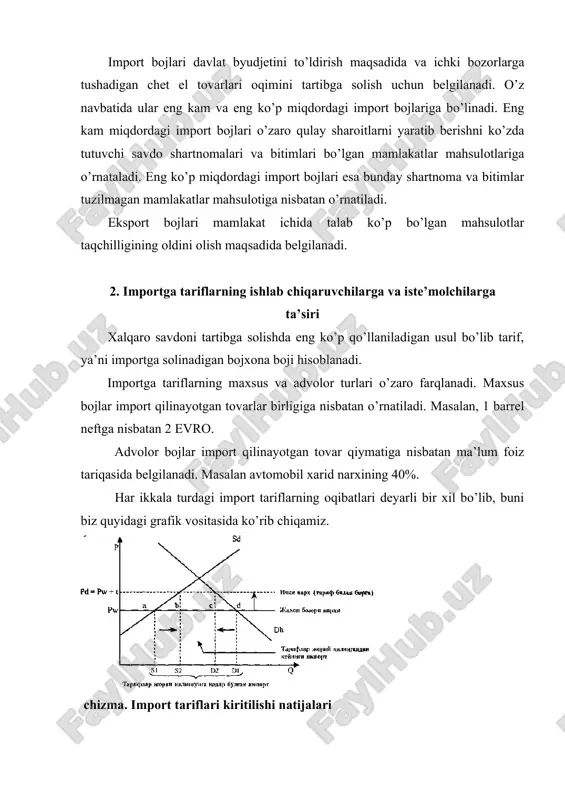 at iqtisodiyoti yopiq bo’lganida edi, narxlar darajasi re ga teng bo’lgan bo’lar edi hamda talab va taklif muvozanati e nuqtada o’rnatilgan bo’lardi. mamlakat iqtisodiyoti ochiq bo’lgani va importga cheklovlar yo’qligi tufayli milliy bozordagi narxlar jahon bozori narxlari rw bilan bir xil. importga tarif joriy qilinishi natijasida ichki narxlar pw dan rd ga qadar ko’tariladi. endi: import qilinadigan tovarning ichki narxi = jahon bozoridagi narxi + (jahon bozoridagi narxi x tarif stavkasi). oqibatda iste’molchilar ma’lum bir yo’qotishlarga duch keladilar. bu yo’tqotishlar grafikda a , b , s , d sohalar bilan ko’rsatilgan. narxlarning ko’tarilishi ilgari raqobatbardosh bo’lmagan ayrim ichki ishlab chiqaruvchilar uchun ham foyda ko’rib ishlashga imkon beradi. umuman shu sohada band milliy ishlab chiqaruvchilar ishlab chiqarish hajmini s1 dan s2 ga qadar oshiradi va s2-s1 hajmdagi mahsulot rd narxda sotiladi. shu hajmdagi mahsulotni iste’molchilar oshirilgan narxda sotib oladilar va a sohaga teng yo’qotishga duch keladilar. ammo, bu yo’qotish ichki ishlab …