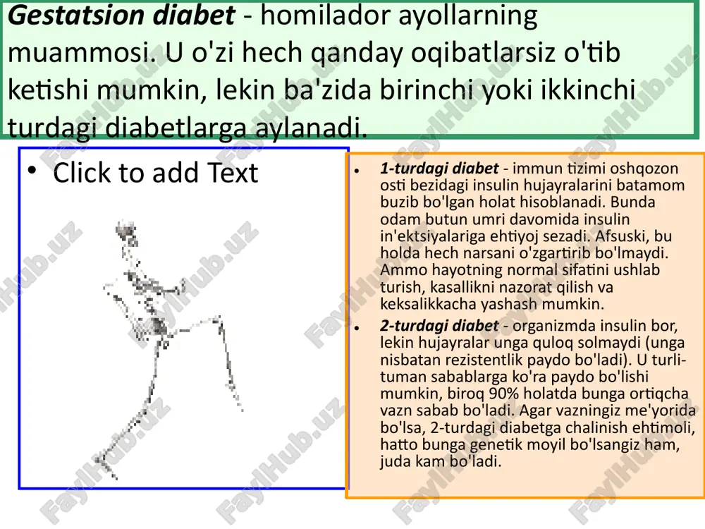 buyraklarni nobud qiladi: oldiniga peshobda oqsil paydo bo'ladi, keyin 2-8 yil ichida buyrak yetishmovchiligi rivojlanadi. ilk bor aniqlangan buyrak kasalliklarining 44% diabet bilan bog'liq. * barcha diabetiklarning 60-70 foizi neyropatiyadan - qo'llar va oyoqlardagi og'riqlar va ta'sirchanlikning buzilishidan aziyat chekadilar. neyropatiya, o'z navbatida, qon aylanishidagi buzilishlarga, tuzalmaydigan yaralarga olib keladi. * nihoyat, bu kasallik har qanday infektsion xastalikni yuqtirib olish xavfini oshiradi. davolanmayotgan diabetikning yaralari yaxshi tuzalmaydi, har qanday jarrohliq operatsiyasidan keyin infektsion asoratlarni orttirish xavfi katta bo'ladi, hatto appendiks olib tashlanganidan keyin ham. 2 ga ko'paytiramiz. xuddi shu muammolar to'plami semirishda ham uchraydi. semirishsiz 2-turdagi diabet faqat 10% kishilardagina uchrashini hisobga oladigan bo'lsak, yuqoriga sanab o'tilganlarga quyidagilar ham qo'shiladi: osteoartrit, nafas olish yetishmovchiligi, bachadon, ko'krak, buyrak, o't pufagi, prostata va ichak saratoni xavfining oshishi. endi yoqimli xabar: 2-turdagi diabet oldi olinishi mumkin bo'lgan eng xavfli kasalliklar ro'yxatida uchinchi o'rinda turadi! agar diabet oldi holatida bo'lgan kishi bor-yo'g'i 10-15% ga …