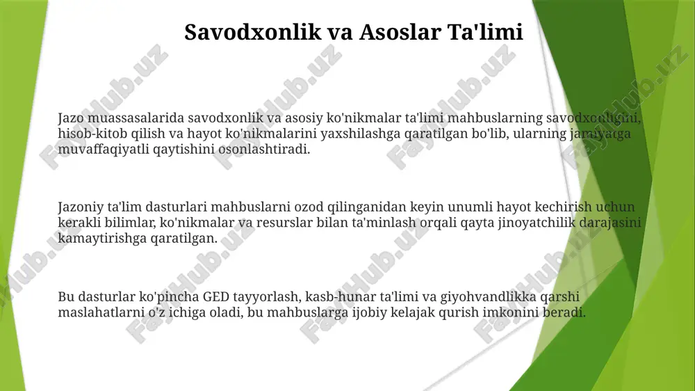 llantirishga hissa qo'shadi. shaxsiy o'sish, o'zini takomillashtirish va reabilitatsiya imkoniyatlarini taqdim etadi, bu esa xulq-atvorning ijobiy o'zgarishiga olib keladi. tuzatish ta'limi: umumiy ma'lumot u jamiyatga muvaffaqiyatli qayta integratsiyalash uchun zarur bo'lgan vositalarni taqdim etish orqali qayta jinoyat sodir etish darajasini pasaytirishda muhim rol o'ynaydi. tuzatish ta'limi asosiy elementlari akademik o'qitish, kasbiy tayyorlash va hayot ko'nikmalarini rivojlantirishni o'z ichiga oladi. jazo o'qitish mahbuslarning savodxonligini, kasbiy mahoratini va umuman farovonligini oshirishga qaratilgan dasturlar va xizmatlarni o'z ichiga oladi. jazo muassasalari ta'limi uchun moliyalashtirish va resurslar resurslarga darsliklar, onlayn kurslar va repetitorlik dasturlari kiradi. moliyalashtirish davlat va federal byudjetlar, grantlar va xususiy xayriya mablag'laridan kelib chiqadi. tuzatish ta'limi qayta jinoyatchilikni kamaytirish va mahbuslarni jamiyatga qaytishga tayyorlashni maqsad qiladi. modda suiiste'mol qilish bo'yicha ma'lumot va davolash tuzatish ta'limi dasturlari ged tayyorgarligi, kasb-hunar ta'limi va kollej kurslarini o'z ichiga olgan turli xil xizmatlarni o'z ichiga oladi. bu dasturlar shaxslarni ozodlikka chiqqanidan keyin muvaffaqiyatli hayot kechirishi …