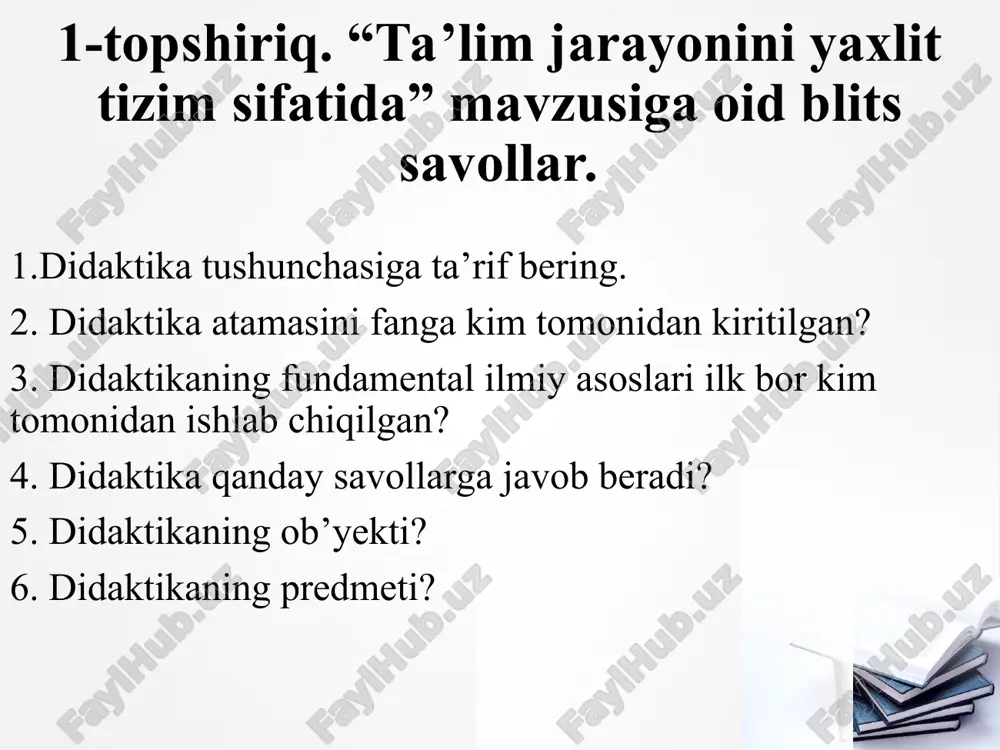 ro muloqot, ijod, dialog, shaxs o‘sishi uchun yordamga yo‘naltirilgan. ilmiy-texnik, texnokratik paradigma bosh maqsadi amaliy takomillashtirish uchun zarur «aniq» ilmiy bilimlarni uzatish va o‘zlashtirishdan kelib chiqadi. «bilim - kuch», shuning uchun inson qadr-qimmatini uning bilish imkoniyatlari aniqlab beradi. ezoterik paradigma bu bizning sayyoramizdagi eng qadimiy ta’limiy paradigmalardan biri. mazkur so‘zning yunonchadan so‘zma-so‘z tarjimasi «sirli», «yashirin» ma’nolarini bildiradi. uning mohiyatini abadiy va o‘zgarmas haqiqatga munosabat tashkil etadi. 4-topshiriq.ta’lim jarayoni tushunchalarini o‘zlashtirishga doir muqobilini tanlab olish testi 1. o‘quv jarayonining umumiy maqsadlari va qonuniyatlariga binoan uning mazmuni, tashkiliy shakl va metodlarini belgilovchi boshlang‘ich qoidalardir. a. qonuniyat 2. qonunlarning aniq sharoitlaridagi harakat ifodasidir b. tamoyil 3. ta’lim jarayonining tarkibiy qismlari orasidagi ob’ektiv, mavjud, barqaror, takrorlanuvchi aloqadorlik v. qonun 4. ta’limiy hodisalarning namoyon bo‘lishi va rivojlanishi bilan shartlanadigan ichki mavjud aloqalar tushuniladi g. didaktik tamoyillar 5. biror- bir nazariyaning asosi, negizi, asosiy boshlangich qoidasi; boshqaruvchi g‘oya, faoliyatning asosiy qoidasi; umumlashtirilgan talab d. qoida 6. …