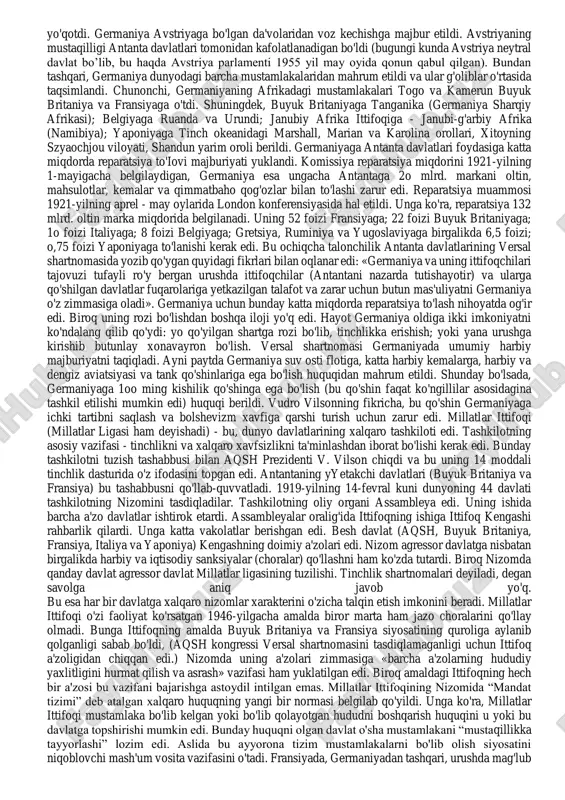 hini g’alabagacha etkazish tarafdori edi.urush “antanta” foydasiga hal bo’lgach, klemanso parij tinchlik konferensiyasini tashkil etishda faollik ko’rsatdi, shu bilan birga o’nlik va to’rtlik kengachlar a’zosi edi. uning fikricha germaniya hamma etkazilgan zararlar uchun reparatsiya to’lashi, saar va reynning chap qirg’og’i fransiyaga berilishi kerak edi. 1919 yildagi parlament saylovlarida radikal va radikal-sotsialistlar partiyasi parlamentdagi yarimidan ko’p urinlarini boy berishdi.192o yil prezident saylovlarida j. klemanso mag’lubiyatga uchradi va shu bilan siyosiy faoliyati yakun topdi. klemanso umrining oxirgi o’n yilini ijodga bag’ishladi . 1926 yilda uning demosfen haqida kitobi chop etildi. oradan bir yil o’tib ikki tomlik “tungi xayollar” (au soir de la pensee) nomli filosofik asari nashdan chiqdi. tinchlik konferensiyasida 27 davlat vakillari qatnashgan bo'lsada, amalda barcha asosiy masalalar «katta uchlik» deb atalgan (aqsh, buyuk britaniya va fransiya) davlat rahbarlari tomonidan hal etildi. ularning ichida fransiya bosh vaziri jorj klemanso o'zining jo'shqin nutqlari bilan ajralib turar va o'ta qiziqqonligi tufayli «yo'lbars» degan …