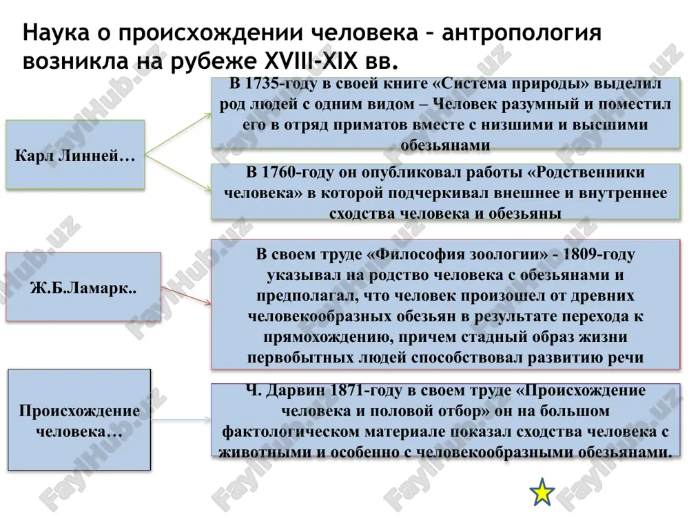 ане близ самарканда, в сырдарьинской области и в пещере тешикташ сурхандарьи. неандертальцы – прямые предки человека современного типа; неандертальцы внесли некоторый генетический вклад в генофонд человека современного типа неандертальцы являются боковой тупиковой ветью эволюции гоминитов в настоящее время неандертальцев считают одним из подвидов человека разумного неантропы (кроманьонцы) рост их достигал до 180см. объем мозга 1600см3. мозговой отдел их черепа преобладал над лицевым, сплошной надглазничный валик отсутствовал, развитый подбородочный выступ указывал на то, что они смогли общатся с помощью членораздельной речи. неокончательно решенным остается вопрос о возникновении подвида homo sapins, к которому принадлежит современное человечество человеческие расы – это исторически сложившиеся группировка (группы популяций) людей внутри вида homo sapiens sapiens. расы отличаются друг от друга второстепенными физическими особенностями – цветом кожи, пропорциями тела, разрезом глаз, структурой волос и тд. выделяют три большие расы: европеоидная (евразийская) монголоидная (азиатско-американская) австрало-негроидная (экваториальная) в пределах этих рас насчитывается около 30 малых рас. между 3мя основными …