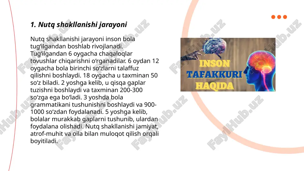 g'ulari va tajribalarini boshqalarga yetkazadilar. shuningdek, nutq va tafakkur bir-birini o'zaro mustahkamlab, shaxslararo muloqotni va bilimlar almashinuvini ta'minlaydi. ushbu jarayonlar o'zaro bog'liq bo'lib, rivojlanishida til, madaniyat va muhitning ta'siri katta. tafakkur rivojlanganligi nutq xilma-xilligi va murakkabligida namoyon bo'ladi. ... t.me/slaydai_bot 4. til va tafakkur farqlari til va tafakkur o'rtasidagi farqlar mavzusida til inson tafakkuri va dunyoqarashiga ta'sir qiluvchi muhim omildir. til orqali fikrlar shakllanadi va ifodalanadi. masalan, sapir-whorf gipotezasi til strukturalari tafakkurni qanday shakllantirishini o'rganadi. ularning tadqiqotlariga ko'ra, turli tillar dunyoqarashning xilma-xil bo'lishiga olib keladi. til kategoriyalari insonning mantiqiy fikrlash jarayonlariga ta'sir ko'rsatishi mumkin, masalan, vaqt, fazo va jins kategoriyalari. shu bilan birga, til modellarini avtomatlashtirish va sun'iy intellektda qo'llash orqali ko'plab yangi tadqiqotlar olib borilmoqda, bu esa tafakkurni yanada chuqurroq o'rganishga zamin yaratmoqda. ... t.me/slaydai_bot inson tafakkuri va nutqning rivojlanishi bolalik davrida eng tez sur’atlar bilan kechadi. tug‘ilgan paytdan boshlab, miyadagi neyronlar tez suratlarda ko‘payib, bolalik davomida taxminan 100 …