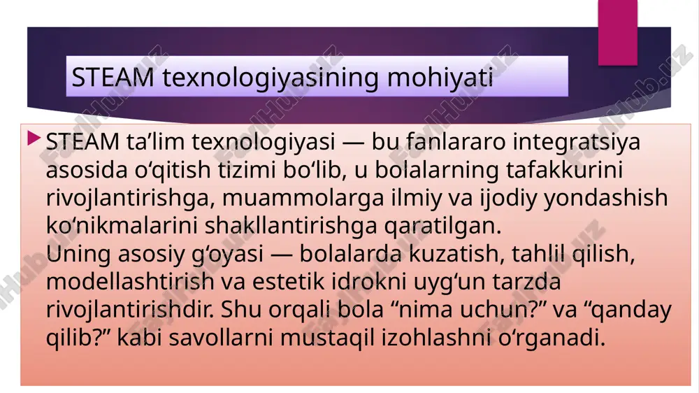 lash kabi amaliy mashg‘ulotlarni bajaradi. bu faoliyatlar orqali bola mantiqiy fikrlashni, aniqlikni va tahliliy yondashuvni o‘zlashtiradi. integratsiya va fanlararo yondashuvning afzalliklari steam texnologiyasi maktabgacha ta’limda fanlararo bog‘liqlikni kuchaytiradi. har bir yo‘nalish o‘zaro uyg‘unlashgan holda bolaga atrofdagi dunyoni yaxlit idrok etish imkonini beradi. bu yondashuv o‘quv jarayonini hayotiy misollar orqali qiziqarli qiladi, bolalarda muammolarni mustaqil hal etish va qaror qabul qilish ko‘nikmasini rivojlantiradi. o‘qituvchining roli va metodik yondashuvi steam texnologiyasida o‘qituvchi yo‘l-yo‘riq beruvchi, yo‘naltiruvchi va motivator rolini bajaradi. u bolalarni mustaqil izlanishga undaydi, savollar orqali fikrlashga yo‘naltiradi. metodik jihatdan o‘qituvchi o‘yin, tajriba, loyiha, muammoli vaziyat kabi faol o‘qitish usullaridan foydalanadi. bu bolalarning tabiiy qiziqishini o‘qitish jarayoniga yo‘naltirish imkonini beradi. steam jarayonida qo‘llaniladigan vositalar maktabgacha ta’limda steamni samarali joriy etish uchun turli o‘quv vositalaridan foydalaniladi: konstruktor to‘plamlari (lego, smart blocks); tajriba laboratoriyalari uchun mini to‘plamlar; raqamli qurilmalar (planshet, interaktiv doska); san’at uchun rang, loy, tabiiy materiallar. bu vositalar o‘quvchini faol ishtirokchi sifatida …