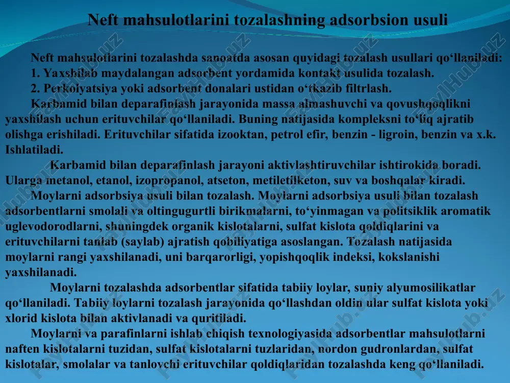 yopishqoqligiga, tozalangan mahsulotni talab darajasiga bog‘liq bо‘lib har bir vaziyatda tajriba yо‘li bilan aniqlanadi. moyni tozalash natijalari jarayonni haroratiga, kontakt vaqtining davomiyligiga, sulfat kislotani konsentratsiyasiga va miqdoriga, kislotani quyish tartibiga bog‘liqdir. lekin, yopishqoq moylarni past haroratda tozalash qiyin, chunki moy kislota bilan yomon aralashadi va gudronni chо‘kishi qiyinlashadi. tajribada tozalash quyidagi haroratda olib boriladi: kislotaning konsentratsiyasi va sarflash miqdori. tozalash uchun 92-96% li sulfat kislotasi olinadi. konsentratsiya 90% dan kam bо‘lsa kislotani aktivligi pasayib ketadi. tutab turgan sulfat kislota sulfokislotalarni hosil bо‘lishini tezlashtirib yuboradi. uni rangsiz, meditsinada qо‘llaniladigan moylar olish uchun ishlatiladi. tozalash natijasida kislotani konsentratsiyasi pasayadi. gudron tarkibida 25% dan 70% gacha reaksiyaga kirishmagan sulfat kislota bо‘ladi. sulfat kislotani jarayon uchun sarflanadigan miqdori xom ashyoni sifatiga, tozalash darajasiga qо‘yiladigan talabga bog‘liq. kislota qancha sarflansa olinayotgan moyning rangi shuncha toza bо‘ladi. distillyat moylarni tozalanganda kislotani sarfi 3-10% mass ni tashkil qiladi, qoldiq moyni tozalanganda kislota sarfi 15-20% mass gacha yetadi. …