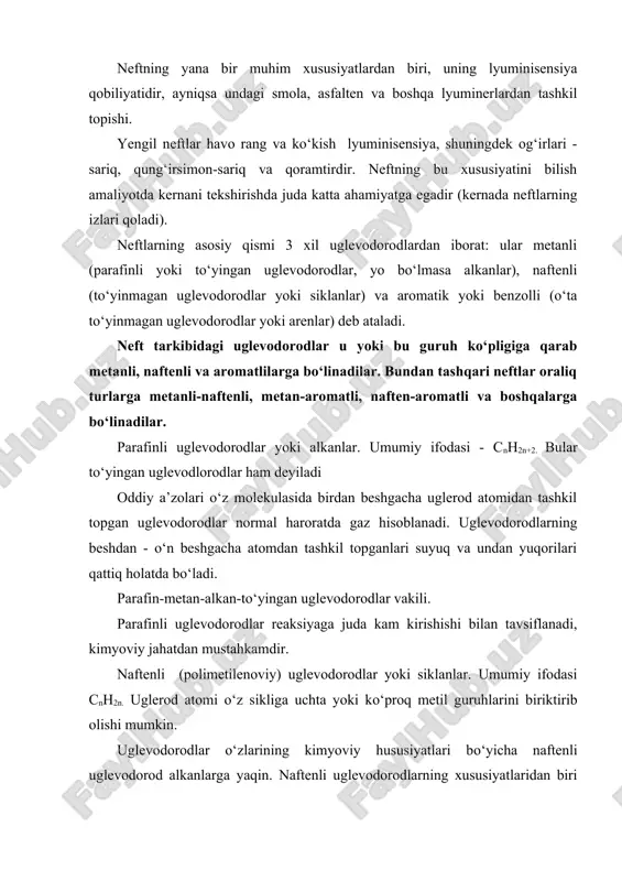 i ham izomerlanish xususiyatiga egadir. katalik va termik jarayonlar ta’sirida olti a’zoli sikllar tizimi besh a’zoliga oson о‘tadilar. masalan: siklogeksan va benzol metil siklopentanga. aromatik uglevodorodlar (arenlar). ularning oddiylarining umumiy ifodasi cnh2n+2 va о‘zining tarkibi benzol aromatik yadrosi deb ataluvchilardan tarkib topgan. bu birikmalar ancha mustahkam. shuningdek ular yuqori kimyoviy faollikga ega, albatta metanli va naftenlilarga nisbatan, shuningdek ular ancha yengil ajralishi mumkin. arenlar yuqori erish qobiliyatiga ega, cheklanmagan miqdorda bir-biriga va boshqa erituvchilarga eriydilar. aytilgan uglevodorod birikmalari neftning asosiy massasini tashkil etadi. holbuki ulardan tashqari smola va asfalten, kislorod va oltingurgurt ham uchraydi. ayrim hollarda smola va asfalten 10- 20% ga yetadi. neftning qoralig‘i uning zichligini va qovushqoqligi kattaligini, shuningdek unda yengil fraksilarning kamligini xarakterlaydi. neftning oksidlanish jarayoni tabiatda ancha keng tarqalgan. neftning oksidlanishi tо‘yingan qatlamning yuzaga chiqqanida kislorod bilan о‘zaro reaksiyaga kirishishi natijasida sodir bо‘ladi. bundan tashqari neft uyumiga erigan kislorod va sulfatdan tashkil topgan infiltratsion suvlarning singishi …