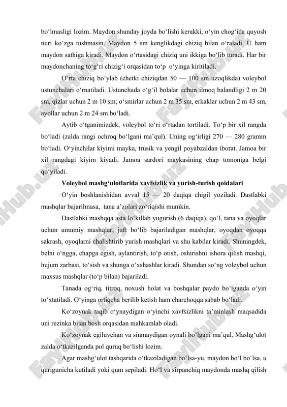 yin to‘xtatiladi. o‘yinga ortiqcha berilib ketish ham charchoqqa sabab bo‘ladi. ko‘zoynak taqib o‘ynaydigan o‘yinchi xavfsizlikni ta’minlash maqsadida uni rezinka bilan bosh orqasidan mahkamlab oladi. ko‘zoynak egiluvchan va sinmaydigan oynali bo‘lgani ma’qul. mashg‘ulot zalda o‘tkazilganda pol quruq bo‘lishi lozim. agar mashg‘ulot tashqarida o‘tkaziladigan bo‘lsa-yu, maydon ho‘l bo‘lsa, u qurigunicha kutiladi yoki qum sepiladi. ho‘l va sirpanchiq maydonda mashq qilish taqiqlanadi, chunki o‘yinchi jarohatlanishi mumkin. maydon qurigunicha voleybolchilar maxsus mashqlar bajarib turganlari ma’qul (to‘pni sherikka oshirish, devorga urish, yuqoriga otish). „to‘p sardorga“ o‘yinini o‘ynasa ham bo‘ladi. o‘yin chog‘ida taqinchoqlar taqish man qilinadi, ular turli jarohatga sabab bo‘lishi mumkin. havo sovuq paytda mashq kiyimlari (raqamli) bilan o‘ynashga ruxsat etiladi. voleybol o‘yini texnikasi voleybol o‘yini hujum va himoya texnikasidan tashkil topgan. hujum va himoya ham, o‘z navbatida, turish, siljish hamda to‘pni egallash texnikasiga ajratiladi. o‘yin vaqtida voleybolchi doimiy ravishda maydon bo‘ylab siljib yuradi. bu siljishlardan maqsad to‘pni qabul qilish uchun eng qulay joyni tanlash …