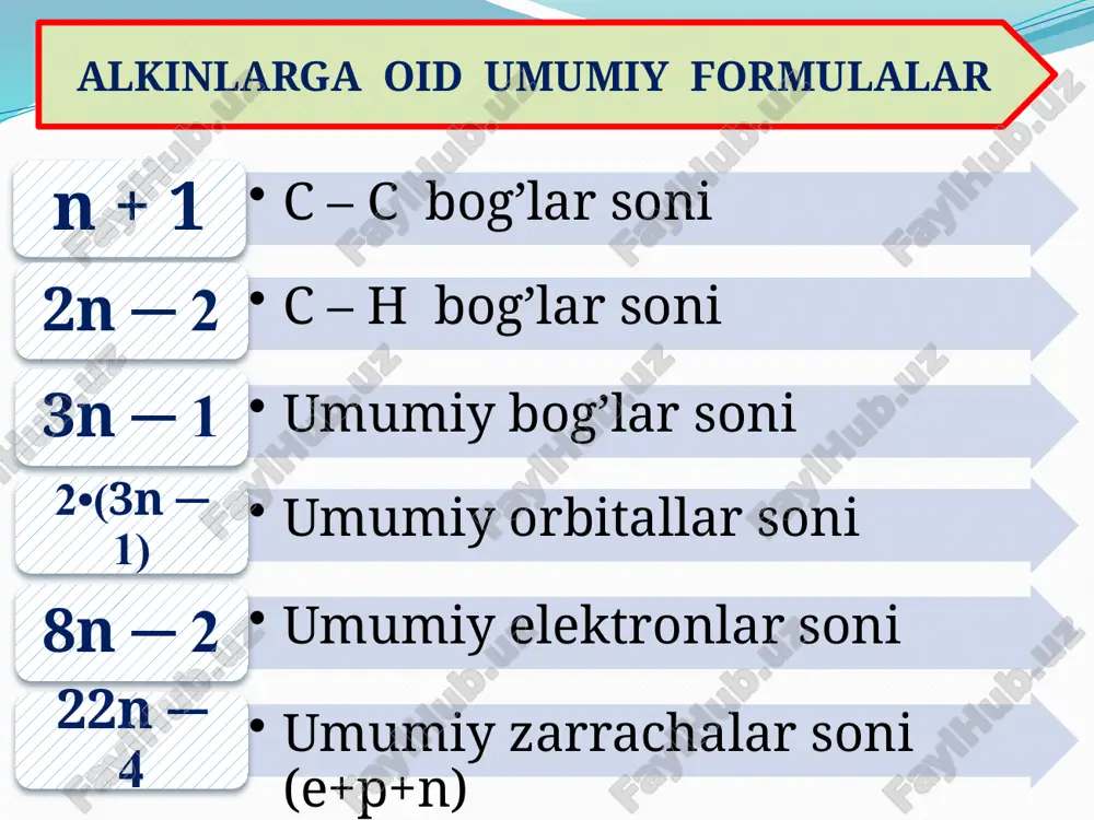 osil bo’ladi. cac2 + 2h2o → ca(oh)2 + c2h2 atsetilen mg2c3 + 4h2o → 2mg(oh)2 + c3h4 propin cac2 + 2hcl → cacl2 + c2h2 atsetilen mg2c3 + 4hcl → 2mgcl2 + c3h4 propin al4c3 + 12hcl → 4alcl3 + 3ch4 metan 2. digalogenalkanlardan sintez qilish. digalogenalkanlar galogen atomlarining joylashuviga ko’ra quyidagicha uch guruhga bo’linadi x = f , c l , b r , j ajralgan digalоidalkanlarga ishqоrning spirtli eritmasi ta’sir ettirilganda diyen uglevodorodlar hosil bo’ladi: atsetilen uglevodorodlar geminal hamda vitsinal joylashgan digalogenalkanlarga ishqorning spirtdagi eritmasini ta’sir ettirish orqali olinadi: monogalogenalkenlarga ishqоrning spirtli eritmasi ta’sir ettirilganda ham tegishli alkinlar hosil bo’ladi. bunda galogen atomi qo’shbog’ saqlagan uglerod atomlarining birida joylashgan bo’lishi kerak. 3. to’yingan uglevodorodlarni krekinglash reaksiyalarida. atsetilenni metan va etanning yuqоri harоratdagi krekinggi natijasida ham оlish mumkin metan 1500 oc gacha qizdirilsa atsetilen hosil bo‘ladi. qizdirish juda qisqa vaqt davomida olib boriladi. chunki bunday temperaturada atsetilen uglerod va …
