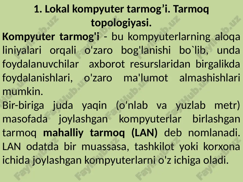 kazida joylashgan konsentrator (passiv yulduz) bo'lishi mumkin. 4-rasm. yulduzli tarmoq topologiyasi. 3. halqa (ring) tarmoq topologiyasi - kompyuterlar halqaga ketma-ket birlashtiriladi. halqadagi ma'lumot uzatish har doim bir yo'nalishda amalga oshiriladi. kompyuterlar ma'lumotni faqat zanjirda undan keyin turgan kompyuterga uzatadi, ma’lumotni zanjirda undan oldin joylashgan kompyuterdan oladi (5-rasm). 5-rasm. halqa tarmoq topologiyasi. ko'rib chiqilgan uchta asosiy topologiyadan tashqari, ko'pincha "daraxt" tarmoq topologiyasi dan foydalaniladi. u bir nechta yulduzlarning kombinatsiyasi sifatida qaralishi mumkin va yulduzda bo'lgani kabi, daraxt ham faol va passiv bo'lishi mumkin. faol daraxtda bir nechta aloqa liniyalarini birlashtiruvchi markazlarda markaziy kompyuterlar, passiv daraxtda esa markazda konsentratorlar joylashadi. aralash tarmoq topologiyalar tez-tez ishlatiladi. ular orasida eng keng tarqalgani yulduz-shina va yulduz-halqa topologiyasidir. tarmoq vositalari tarmoq kartalari - bu kompyuter ona kartalarining kengaytirilgan uyalariga(slotlariga) ulanadigan va tarmoqqa signallarni uzatish va tarmoqdan signallarni qabul qilish uchun mo'ljallangan kontrollerlardir. tarmoq uskunalari - kompyuter tarmog'ining ishlashi uchun zarur bo'lgan qurilmalar. shlyuz - bu turli …