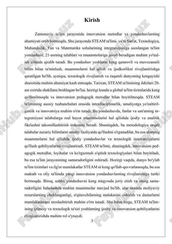 sh qobiliyatlarini rivojlantirish imkoniyatini yaratadi. masalan, muhandislik va matematikaning nazariy bilimlari orqali ekologik muammolar yechimi ishlab chiqilishi yoki san’at elementlari yordamida texnologik innovatsiyalarni taqdim etish mumkin. bu integratsiya nafaqat nazariy bilimlarni mustahkamlashga yordam beradi, balki ular amaliy va ijodiy faoliyatda qo‘llanishini ta’minlaydi. steam ta’limining asosiy tushunchalaridan biri interdisciplinarlikdir. bu, fanlar va san’at sohalarining bir-biri bilan bog‘lanishini va har bir soha metodologiyasidan foydalanib, kengroq va chuqurroq bilimlar hosil qilishni anglatadi. interdisciplinarlik shuningdek, talabalarni muammolarni kompleks va har tomonlama hal qilishga o‘rgatadi. masalan, muhandislik masalalarini hal qilishda matematik va texnologik metodlarni qo‘llash bilan birga, san’at va dizayn elementlarini integratsiya qilish muhim ahamiyat kasb etadi. bu esa, o‘z navbatida, talabalarga ijodiy va analitik fikrlashni rivojlantirish imkonini beradi. amaliyotga yo‘naltirilganlik esa steam ta’limining yana bir muhim jihatidir. bu yondashuvda, talabalarga nazariy bilimlar bilan birga, ularni real hayotdagi muammolarni hal qilish uchun qo‘llashga o‘rgatish muhimdir. loyihalar va amaliy mashg‘ulotlar orqali talabalar, o‘z bilimi va qobiliyatlarini …