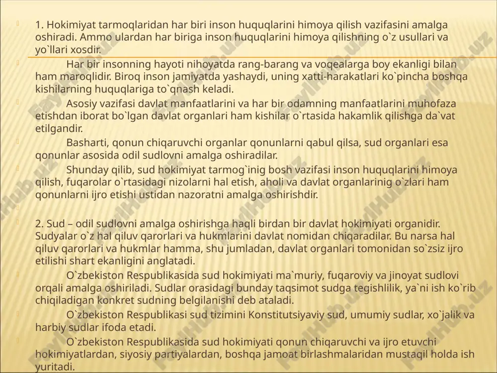 asi qonunlarining o`zbekiston respublikasi qonunlariga mufoviqligi to`g`risida xulosa beradi; o`zbekiston respublikasi konstitutsiyasi va qonunlari normalariga sharh beradi; o`zbekiston respublikasi konstitutsiyasi va qonunlari bilan berilgan vakolat doirasida boshqa ishlarni ham ko`rib chiqadi. oliy sud: o`zbekiston respublikasi oliy sudi fuqaroviy, jinoiy va ma`muriy sud ishlarini yuritish sohasida sud hokimiyatining oliy organi hisoblanadi; o`zbekiston respublikasi oliy sudi qoraqalpog`iston respublikasi oliy sudlari, viloyatlar, shaharlar, tumanlararo, tuman sudlari va harbiy sudlarning sudlov faoliyati ustidan nazorat olib borish huquqiga ega; o`zbekiston respublikasi oliy sudi ishlarni birinchi instansiya sudi sifatida va nazorat tartibida ko`rib chiqadi. o`zbekiston respublikasi oliy sudi tomonidan birinchi intansiya bo`yicha ko`rib chiqilgan ishlar apellyatsiya yoki kassatsiya tartibida shikoyat (protest kiritish) qilishga haqli shaxsning ixtiyoriga ko`ra ular tomonidan apellyatsiya yoki kassatsiya tartibida ko`rib chiqilishi mumkin. apellyatsiya tartibida ko`rib chiqilgan ishlar, kassatsiya tartibida ko`rib chiqilishi mumkin emas. o`zbekiston respublikasi oliy xo`jalik sudi: o`zbekiston respublikasi oliy xo`jalik sudi xo`jalik sudi ishini yuritish sohasida oily organ sanaladi. o`zbekiston …