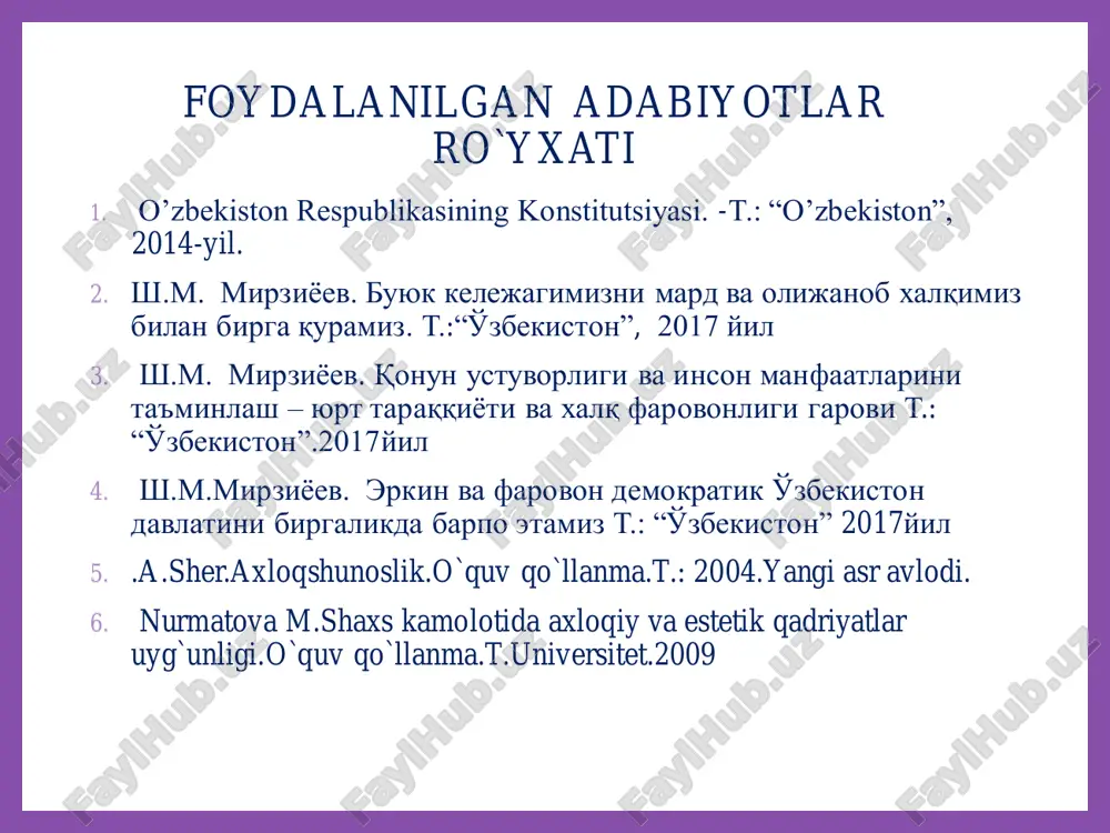 ro mavjud bo`lgan munosabatlar va shu munosabatlardan kelib chiqadigan mas`uliyatlar insonlarni yaxshilikka chaqiruvchi, yomonlikdan qaytaruvchi ilmdir. yaxshi xulqlarning yaxshiligini, yomon xulqlarning yomonligini dalil va misol ila bayon qiladurg`on kitobni axloq deyilur 3-reja: etika fanining ijtimoiy fanlar bilan uzviy aloqadorligi etika estetika etika etika etika etika etika dinshunoslik huquqshunoslik pedagogika psixologiya siyosatshunoslik • etika boshqa ijtimoiy va falsafiy fanlar bilan o‘zaro aloqadorlikda rivojlanib kelmoqda. ayniqsa, uning estetika bilan aloqasi qadimiy va o‘ziga xos. • avvalo, insonning har bir xatti-harakati va niyati ham axloqiylikka, ham san’atga tegishli bo‘ladi, ya’ni muayyan ijobiy faoliyat ham ezgulik (ichki go‘zallik) xususiyatlarini mujassam qiladi. shu bois suqrot, aflotun, forobiy singari qadimgi faylasuflar ko‘p hollarda axloqiylikni ichki go‘zallik, nafosatni tashqi go‘zallik tarzida talqin etganlar. • bundan tashqari, ma’lumki, san’at estetikaning asosiy tadqiqot ob’ekti hisoblanadi. har bir san’at asarida esa axloqning dolzarb muammolari ko‘tariladi hamda san’atkor doimo o‘zi yashayotgan zamonda erishilgan eng yuksak axloqiy daraja va unga munosabatni badiiy …