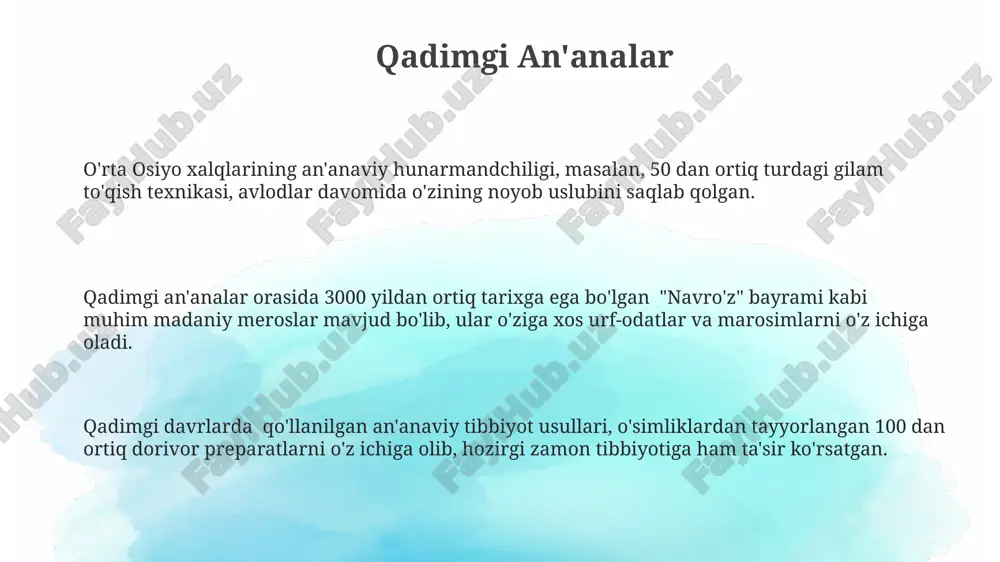 300 dan ortiq sahifada tasvirlangan. madaniy meros madaniy meros obyektlarining 70% dan ortigʻi buxoro va samarqand viloyatlarida joylashgan boʻlib, ularning 200 dan ortigʻi unesconing jahon merosi roʻyxatiga kiritilgan. oʻzbekistonning madaniy merosi 5000 yildan ortiq tarixga ega boʻlib, unda arxeologik topilmalar, meʼmoriy yodgorliklar, qoʻlyozmalar va anʼanaviy hunarmandchilikning 15000 dan ortiq namunalari mavjud. madaniy merosni muhofaza qilish va tiklashga har yili davlat tomonidan 10 milliard soʻmdan ortiq mablagʻ ajratiladi, bu esa 500 dan ortiq mutaxassisni ish bilan taʼminlaydi. eski dunyo eski dunyo aholisi soni miloddan avvalgi 1000 yilda taxminan 100 million kishini tashkil etgan bo'lib, bu davrda katta imperiyalar va savdo yo'llari rivojlangan. eski dunyo geografiyasi o'rta yer dengizi havzasini, yaqin sharqni, shimoliy afrika va yevropaning bir qismini o'z ichiga olgan bo'lib, turli xil iqlim zonalari va tabiiy resurslarga boy edi. eski dunyo, taxminan 3000 yil avval, bronza davri madaniyatlari bilan bog'liq bo'lib, o'ziga xos metallurgiya texnologiyalari va shaharsozlik me'morchiligi bilan ajralib …