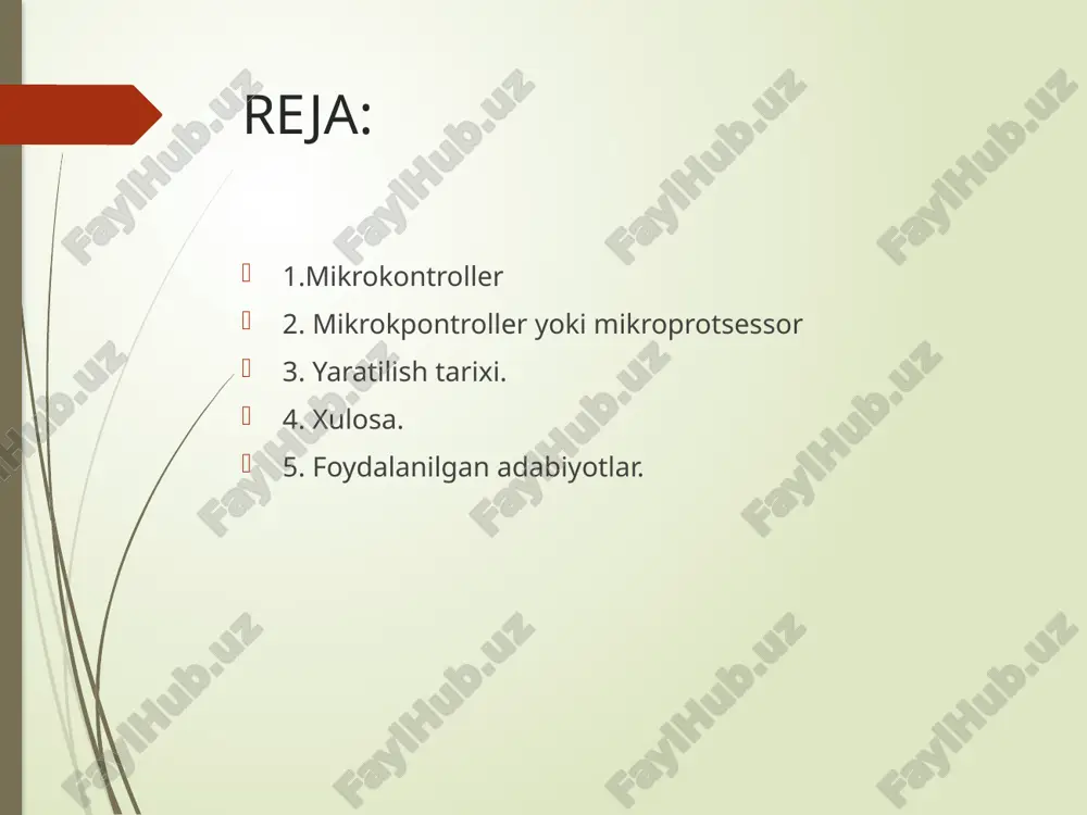 mayadi (batareya bilan ishlaydigan qurilmalar uchun muhim) va turli xil sxemalar diapazoni bilan dasturlash osonlashadi. kontrollerlar nihoyatda keng. bugungi kunda 8, 16, 32 va 64 bitli modellar, shuningdek kengaytirilgan ko'rsatmalar to'plamiga ega tezkor matematik operatsiyalar uchun sozlangan dsp (dsp) modellari mavjud. xulosa mikrokontrollerlar kirish signallarini to'playdi, ma'lumotlarni qayta ishlaydi va chiqish signalini ishlab chiqaradi. mikrokontrollerlar – bu kichik o'lchamdagi, lekin kuchli ishlashga qodir mikroprotsessor tizimlari bo‘lib, ular turli xil kiritish-chiqarish (i/o) qurilmalari va xotira bilan integratsiyalangan. ular avtomatlashtirilgan tizimlarni boshqarishda muhim rol o‘ynab kelyapti va kundalik hayotimizmiz uchun ham ko‘plab qurilmalarning asosini tashkil etadi. bugungi kunda aqlli va avtomatlashtirilgan qurilmalar mikrokontrollerlar yordamida amalga oshirilgan. ular kirishlarni samarali to'playdi, ma'lumotlarni qayta ishlaydi va chiqishlarni tartibga soladi. ular kam quvvat iste'moli va moslashuvchanligi tufayli turli xil ilovalar uchun idealdir. foydalanilgan adabiyotlar. 1. the 8051 microcontroller and embedded systems“ 2. "pic microcontroller and embedded systems“ 3. arm system developer's guide 4. designing embedded …
