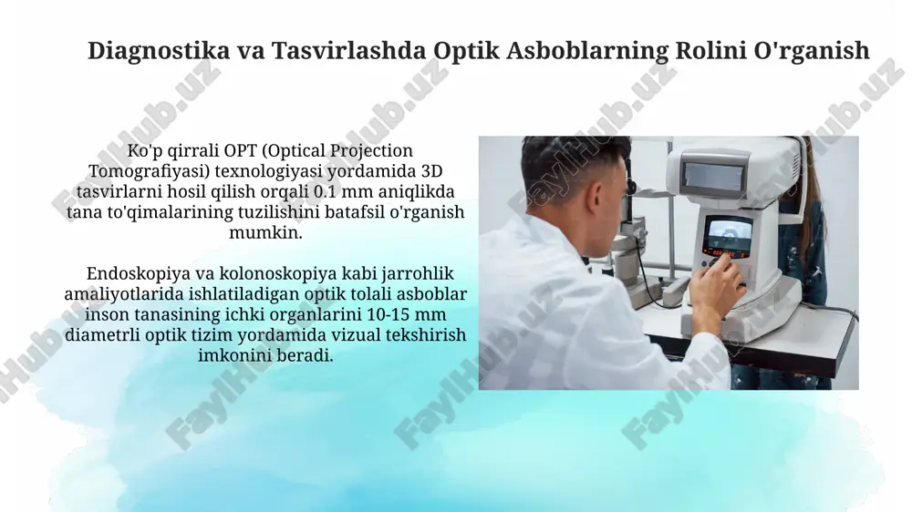 ng fiziologik xususiyatlarini hisobga olmaslik operatsiyaning muvaffaqiyatsizligiga olib kelishi mumkin. onkologiya va radioterapiyada optik texnologiyalar onkologiya va radioterapiyada yuqori aniqlikdagi optik tasvirlash tizimlari, masalan, 3d konfokal mikroskopiya, saraton hujayralarining 10 mikrometrgacha bo'lgan aniqlikda vizualizatsiyasini ta'minlaydi, bu aniq diagnostika va individual terapiya rejalashtirish imkonini beradi. radioterapiyada ishlatiladigan lineak tezlatgichlar, 0,1 mm gacha aniqlik bilan nurlanish nishonini aniqlash uchun murakkab optik tizimlardan foydalanadi, bu sog'lom to'qimalarga zarar yetkazmasdan saraton hujayralarini yo'q qilishga imkon beradi. aniq optik asboblarning tibbiyotdagi ahamiyati biomikroskopiya va konfokal mikroskopiya kabi aniq optik texnologiyalar hujayra darajasida tasvirlarni olish imkonini berib, saraton kasalliklarini erta bosqichda aniqlash va 5 yillik omon qolish ko'rsatkichini oshirishga yordam beradi. ko'z kasalliklarini aniqlash va davolashda yuqori aniqlikdagi oftalmoskoplar va boshqa optik asboblar muhim ahamiyatga ega bo'lib, 90% dan ortiq aniqlik bilan diagnostika qo'yishga yordam beradi. tibbiyotda optik asboblardan foydalanishning iqtisodiy aspektlari aniq optik asboblarning samaradorligi tufayli diagnostika va davolash xarajatlari 15-20% ga kamayishi mumkin, bu …