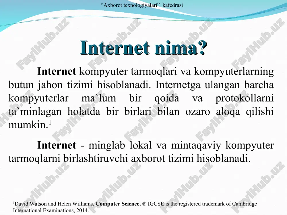 ati ushbu sayt orqali elektron pochta xizmatlaridan (pochta ochish, xabar yuborish, xabar qabul qilish va o’qish) foydalanish mumkin. “axborot texnologiyalari” kafedrasi o’zaaa portali ushbu portal orqali aloqa va axborotlashtirishga sohasiga oid barcha ma`lumotlardan va me`yoriy hujjatlardan foydalanish mumkin. “axborot texnologiyalari” kafedrasi o’zbekiston milliy teleradiokompaniyasi portali ushbu portal orqali internet tarmog’i bo’yicha on-layn radio tinglash va teledasturlarni tomosha qilish mumkin. “axborot texnologiyalari” kafedrasi davlat axborot resurslari www.gov.uz - o’zbekiston respublikasining hukumat portali www.press-service.uz – o’zbekiston respublikasi prezidentining matbuot xizmati www.uza.uz – o’zbekiston milliy axborot agentligi www.cbu.uz - o’zbekiston respublikasining markaziy banki portali “axborot texnologiyalari” kafedrasi o’zbekiston respublikasining hukumat portali o’zbekiston respublikasi davlat hokimiyati, davlat ramzlari, xizmatlar reestri, davlat hokimiyati organlari to’g’risidagi ma`lumotlar. “axborot texnologiyalari” kafedrasi o’zbekiston respublikasi prezidentining matbuot xizmati o’zbekiston respublikasi prezidenti, konstitutsiyasi, prezident farmonlari va qarorlari, prezident asarlari to’g’risidagi ma`lumotlar. “axborot texnologiyalari” kafedrasi o’zbekiston milliy axborot agentligi siyosat, iqtisodiyot, jamiyat, texnologiyalar, sport va xorijiy xabarlar jamlangan veb resurs. “axborot …
