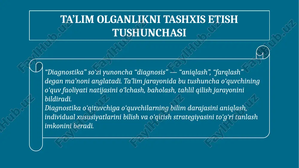 tsional holati, o‘qishga bo‘lgan munosabati va motivatsiyasi hisobga olinishi kerak. diagnostika jarayoni stresssiz, ijobiy muhitda, ishonchli aloqa asosida o‘tkazilishi zarur. 15 tashxis o‘qituvchidan yuqori kasbiy mahorat, kuzatuvchanlik va tahliliy fikrlashni talab etadi. u nafaqat o‘quvchining bilim darajasini, balki uning shaxsiy rivojlanish yo‘nalishini ham aniqlashi lozim. 16 olingan natijalar asosida o‘quvchilar guruhi va individual o‘zlashtirish darajasi aniqlanadi. o‘qituvchi bu ma’lumotlardan kelgusidagi o‘quv jarayonini rejalashtirishda foydalanadi. bu bosqichda tahlil, taqqoslash va umumlashtirish muhim. 17 tashxis natijalari quyidagilar uchun asos bo‘ladi: ta’lim sifatini oshirish; metodik yondashuvni o‘zgartirish; individual o‘qitish dasturlarini ishlab chiqish; o‘quvchilarning rivojlanish trayektoriyasini aniqlash. 18 ta’lim olganlikni tashxis etish: o‘qituvchining metodikasini takomillashtiradi; o‘quvchilarning motivatsiyasini oshiradi; ta’lim sifatini nazorat qilishni osonlashtiradi; innovatsion yondashuvlarni shakllantiradi. xulosa ta’lim olganlikni tashxis etish — bu nafaqat baholash, balki ta’lim jarayonini chuqur tahlil qilish, individual rivojlanish yo‘nalishlarini belgilash jarayonidir. u o‘qituvchi va o‘quvchi o‘rtasidagi samarali muloqotni kuchaytiradi, o‘qitish jarayonining sifatini oshiradi va har bir o‘quvchining imkoniyatlarini to‘liq …