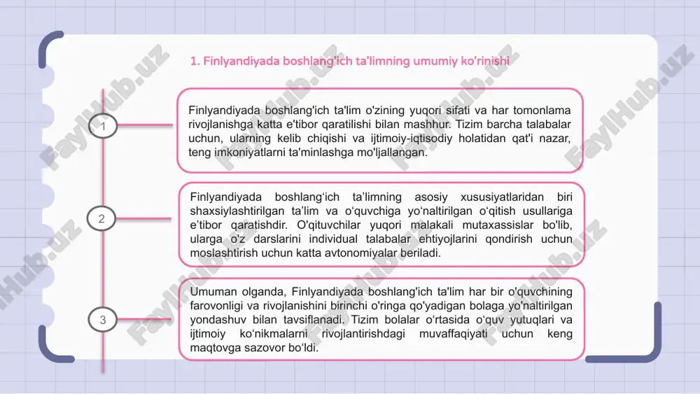 drli va hurmatli his qiladigan qo'llab-quvvatlovchi muhitni yaratishga qaratilgan. o'qituvchilar xilma-xillikni targ'ib qilish va individual ta'lim ehtiyojlarini qondiradigan inklyuziv o'qitish usullarini joriy etish uchun tayyorlanadi. finlyandiyadagi boshlang'ich ta'lim bag'rikenglik va qabul qilishni ta'kidlaydigan keng qamrovli o'quv dasturi orqali o'quvchilarni ko'p madaniyatli jamiyatda rivojlanishga tayyorlaydi. finlyandiyadagi maktablar inklyuzivlikni rivojlantirish orqali o‘quvchilar o‘rtasida kuchli hamjamiyat tuyg‘usini shakllantirish va o‘zaro hurmatni rivojlantirishga qaratilgan. 6. finlandiya boshlang'ich maktablarida baholash va baholash finlyandiya boshlang'ich maktablarida baholash va baholash ta'lim sifatini ta'minlashda hal qiluvchi rol o'ynaydi. talabalar ham rasmiy imtihonlar, ham doimiy baholash usullari orqali baholanadi. finlyandiyada baholash jarayoni faqat baho berishdan ko‘ra, talabalarga konstruktiv fikr bildirishga qaratilgan. ushbu yondashuv o'sish tafakkurini rivojlantirishga va uzluksiz o'rganishni rag'batlantirishga yordam beradi. finlyandiya boshlang‘ich maktablari o‘qituvchilari o‘quvchilarning taraqqiyoti va rivojlanishining yaxlit ko‘rinishini ta’minlash uchun o‘z-o‘zini baholash, tengdoshlarni baholash va o‘qituvchi rahbarligidagi baholash kabi turli baholash vositalaridan foydalanadilar. 1 2 3 7. finlyandiyada boshlang'ich ta'limdagi muvaffaqiyat hikoyalari finlyandiyada boshlang'ich ta'lim …