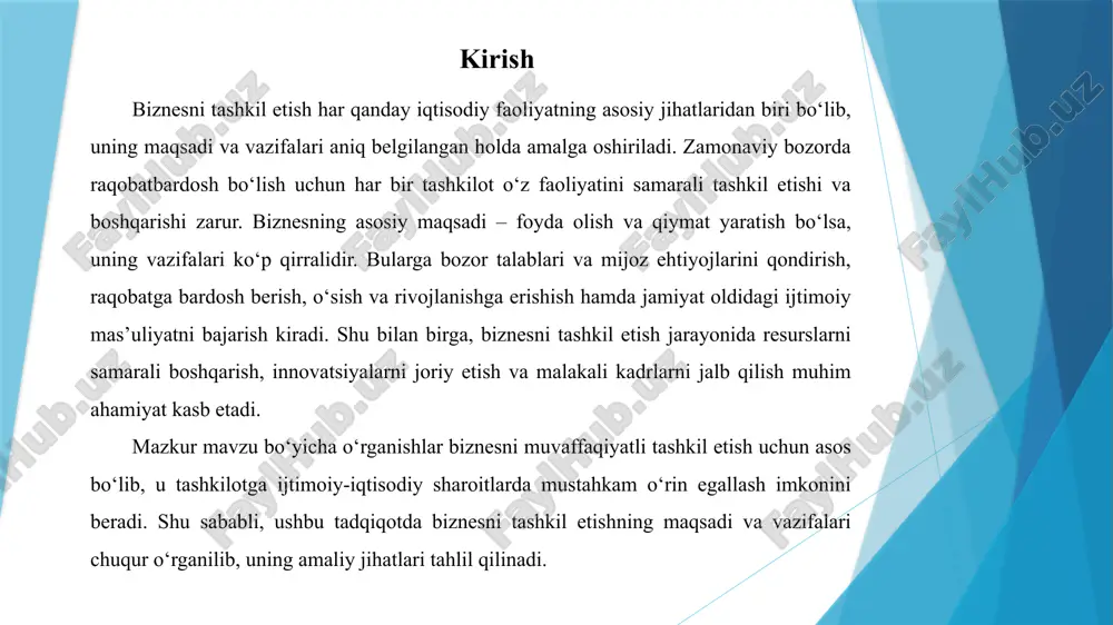 ularni daromadga aylantirish soliqlar va majburiyatlar soliqlarni o‘z vaqtida to‘lash va majburiyatlarni bajarish orqali biznesning barqarorligini ta’minlash resurslarni samarali boshqarish resurslar biznes uchun asosiy aktivlar hisoblanadi va ularni samarali boshqarish tashkilotning muvaffaqiyatiga katta ta’sir ko‘rsatadi. quyidagi jadvalda biznes resurslari va ularning boshqarilishi keltirilgan: resurs turlari tavsif inson resurslari xodimlar mahorati va tajribasidan samarali foydalanish orqali ish unumdorligini oshirish moliyaviy resurslar moliyaviy mablag‘larni to‘g‘ri yo‘naltirish va boshqarish texnologik resurslar texnologik uskunalarni yangilash va texnologiyalarni tatbiq etish orqali samaradorlikni oshirish ma’lumot resurslari ma’lumotlarni to‘g‘ri boshqarish va ulardan foydalanish orqali qaror qabul qilishni yaxshilash mijozlar ehtiyojini qondirish mijozlar ehtiyojini qondirish biznesning asosiy maqsadlaridan biridir. mijozlar bilan samarali aloqada bo‘lish va ularning ehtiyojlarini qondirish biznesning uzoq muddatli muvaffaqiyatiga xizmat qiladi. quyidagi jadvalda mijozlar ehtiyojlarini qondirish usullari keltirilgan: mijoz ehtiyojlarini qondirish usullari tavsif sifatli mahsulotlar yaratish yuqori sifatli mahsulotlar mijozlar ehtiyojlarini qondiradi va ularning ishonchini qozonadi mijozlarga xizmat ko‘rsatish sifatli xizmat ko‘rsatish mijozlarning sodiqligini oshiradi …