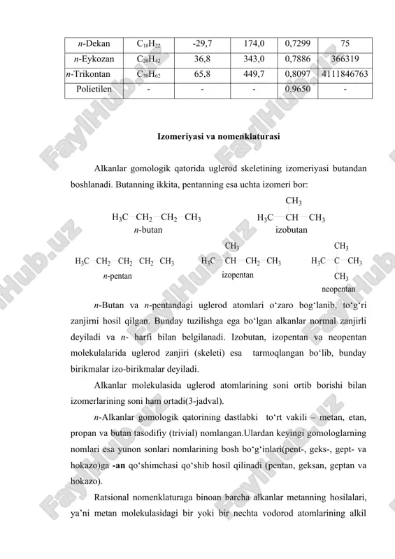 letining izomeriyasi butandan boshlanadi. butanning ikkita, pentanning esa uchta izomeri bor: n-butan va n-pentandagi uglerod atomlari o‘zaro bog‘lanib, to‘g‘ri zanjirni hosil qilgan. bunday tuzilishga ega bo‘lgan alkanlar normal zanjirli deyiladi va n- harfi bilan belgilanadi. izobutan, izopentan va neopentan molekulalarida uglerod zanjiri (skeleti) esa tarmoqlangan bo‘lib, bunday birikmalar izo-birikmalar deyiladi. alkanlar molekulasida uglerod atomlarining soni ortib borishi bilan izomerlarining soni ham ortadi(3-jadval). n-alkanlar gomologik qatorining dastlabki to‘rt vakili – metan, etan, propan va butan tasodifiy (trivial) nomlangan.ulardan keyingi gomologlarning nomlari esa yunon sonlari nomlarining bosh bo‘g‘inlari(pent-, geks-, gept- va hokazo)ga -an qo‘shimchasi qo‘shib hosil qilinadi (pentan, geksan, geptan va hokazo). ratsional nomenklaturaga binoan barcha alkanlar metanning hosilalari, ya’ni metan molekulasidagi bir yoki bir nechta vodorod atomlarining alkil guruhlariga almashinishidan hosil bo‘lgan deb qaraladi. bunda uglevodorodni nomlash uchun markaziy atom bilan bevosita bog‘langan barcha alkil guruhlarining nomi alifbo tartibida aytilib, oxirida metan so‘zi qo‘shiladi: alkanlarning ratsional nomenklaturasi modda molekulalarining tuzilishini aks …