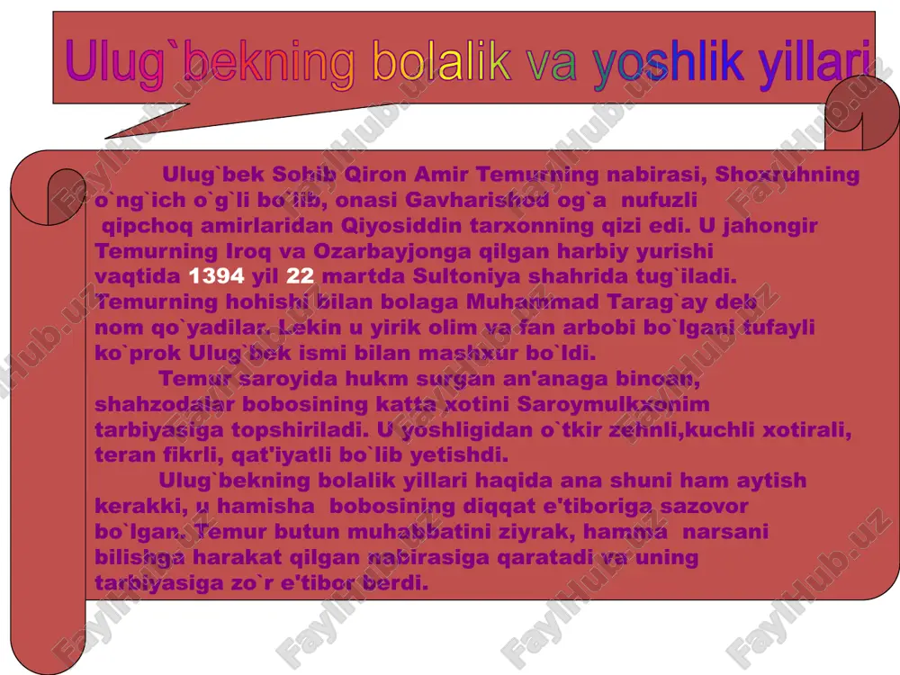 tiyoriddin qal'asidagi mol-mulkini davlat mulkiga o`tkazilishi o`g`ilning otaga nisbatan dushmanligini yanada oshirdi. ulug`bek hirotda abdullatifni qoldirib,o`zi samarqandga ketdi.ulug`bek qolgan umrmni o`z observatoriyasida ilmiy ishlar olib borish uchun bag`ishlashga qaror qiladi. lekin dushmanlar bunga yo`l qo`ymaydilar. unga makkaga borib xaj qilib, gunohlaridan pok bo`lib qaytishni taklif etadilar. o`g`ilning otaga dushmanligidan ulug`bekning raqiblari mohirona foydalanadilar. 1449 yil kuzida abdulatifning ko`rsatmasi va ruhoniylarning fatvosi bilan tunda xaj qilish uchun makkaga junab ketgan ulug`bek- ning ketidan quvib , uni samarqand yaqinida xoinlarcha o`ldiradilar. shunday qilib, astronomiya va matematika fanlari sohasida mashhur asarlar yaratgan,o`rta asrda eng katta observatoriya qurib, sharq astronomiya maktabini vujudga keltirgan,o`ziga zamondosh bo`lgan eng yaxshi olimlarni atrofiga to`plab, ularning ilmiy ish olib borishlariga katta imkoniyatlar yaratib bergan va bunday olijanob xizmatlari tufayli dunyo fani tarihida o`chmas nom qoldirgan ulug` olim ijodiy kuchlari qaynagan paytda,56 yoshida johil ruhoniy fitnachilar bilan o`z o`g`li tomonidan o`ldirilgan. uning jasadi samarqandga dafn etilgan. ulug`bekning ilmiy va madaniy …