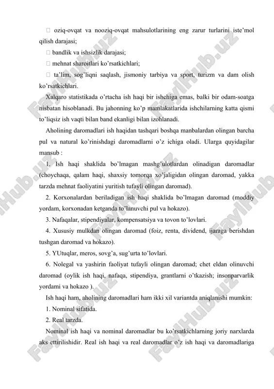 uammoli vazifa hisoblanadi. biroq uni yechish juda katta amaliy ahamiyatga ega. ma’lumki, istalgan mamlakatda yuz minglab va millionlab iste’mol mahsulotlari va xizmat turlari mavjud. shu sababli narxlar indeksini har bir xizmat yoki tovar uchun aniq hisoblab chiqishning iloji yo’q. bundan kelib chiqqan holda tovar-namuna usulidan foydalanish tavsiya etiladi. iste’mol narxlarining jamlanma indeksi guruhlardagi narx indekslari har bir guruhning ishlab chiqarilgan jami mahsulot va xizmatlar qiymatidagi salmog’iga ko’ra solishtirish yo’li bilan aniqlanadi: bmt ning statistika qo’mitasi tomonidan tavsiya etilgan umumiy ko’rsatkichlardan biri daromadlar kontsentratsiyasi koeffitsiyentidir. u ko’proq “djini indeksi” nomi bilan tanilib, taqsimlashning amaldagi chetga og’ishlari darajasini belgilaydi. boshqacha qilib aytganda, agar biror mamlakat aholisining o’rtacha daromadi ma’lum bo’lsa, aholining ma’lum bir guruhi daromadlarini mamlakatdagi o’rtacha daromadga bo’lish yo’li bilan daromadlar kontsentratsiyasi koeffitsiyentining necha foizga oshganligini osongina hisoblash mumkin. aholining jamg’armalari uning daromadlari va joriy xarajatlari orasidagi farqni anglatadi. jamg’armalar pul yoki natural ko’rinishida bo’lishi mumkin. pul jamg’armalari aholi qo’lidagi pul …