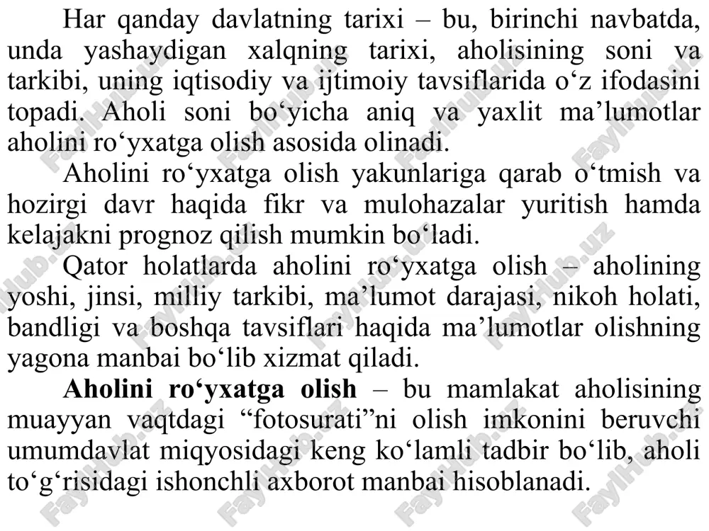 rganadi. aholining tabiiy harakati deyilganda aholi sonini tug‘ilish va vafot etish natijasida о‘zgarishi, binobarin, tabiiy yо‘l bilan о‘zgarishi tushiniladi. shuningdek, nikohdan о‘tish va undan о‘chish kabi holatlar ham aholining tabiiy harakati tarkibida о‘rganiladi. aholining mexanik harakati deyilganda uning ayrim hududlar bо‘yicha kо‘chib yurishi va doimiy yashash joyining о‘zgartirib turishi tushiniladi. ijtimoiy harakat deyilganda, aholi yashashining ijtimoiy indekslari, ya’ni ijtimoiy guruhlar sonining va tarkibining о‘zgarishi tushiniladi. aholi harakatining hamma usullari ham uning rivojini, evolyusiyasini ifodalaydi. bu holatlar dinamik va statistik qonuniyatlarda о‘z aksini topadi. aholi statistikasi ma’lumotlari iqtisodiyotni boshqarish va rejalashtirishda foydalaniladigan qator masalalarni, iqtisodiy va ijtimoiy jarayonlarni raqamlarda aks ettirishda foydalaniladi. bunda oddiy arifmetik emas, balki alohida statistik hisob – aholi kategoriyasining hisobi amalga oshiriladi. birinchi masala, tug‘ilganlar soni, vafot etgalar, nikohdan о‘tgan va undan о‘chganlar soni, kо‘chib kelganlar va kо‘chib ketganlar soni statistik tomondan aniqlanadi, binobarin, tо‘plam hajmi aniqlanadi. ikkinchi masala – aholining tarkibini, demografik jarayonlarini о‘rganishdan iborat. bunda …