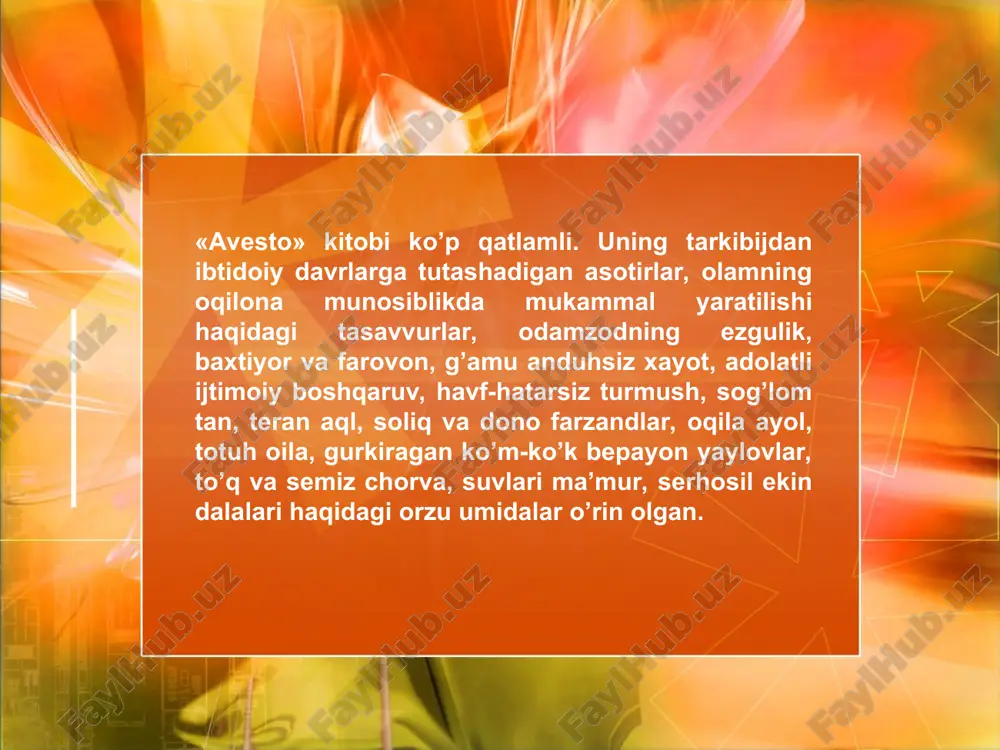 qolmay, balki real hayot, ilmga asoslangan dunyoqarash, ijtimoiy hayotning turli sohalarini o’z ichiga oluvchi keng qamrovli murakkab bir talimotdir. «avesto» olamining vujudga kelishi va tuzilishi xaqida. zardushtiylikning ajdodlarimiz dunyoqarash tizimi sifatida o’ziga xos olamning yaralishi haqidagi kontseptsiyasi bo’lgan. bunga ko’ra, olam ikki turga bo’linadi: ilohiy va moddiy olam. «avesto» da bayon qilinishicha moddiy olam olti bosqichda yaratilgan. uning yaratilishi bir yil davomida yuz bergan va bu yaratilish jarayoni ‘gahanbor’ (asos) deb atalgan. har bir gahanborning o’z nomi bor. 1. madyuzarm – birinchi gahanbor bo’lib ‘bahorning o’rtasi’ ma’nosini bildiradi. madyuzarm yilning 41- kunidan 45-kunigacha besh kun davom etgan. madyuzarm bosqichida oliy iloh ahura mazda osmonu falakni yaratgan. zardushtiylik ananasida yil boshi 21 mart xisoblangan, yani navro’z kuni. farvardan oyining 2-kunida (27 martda) zardusht tugilgan. eronda farvardin oyining oltinchi kunini ‘xurdod kuni’ (‘tug’ilish kuni’) deb nishonlanadi. eron zardushtiylari o’rtasida 27 martni ‘katta navro’z’ yoki ‘xurdon navro’z’ deb nishonlash rasm bo’lgan. madyuzarm gahanbori …