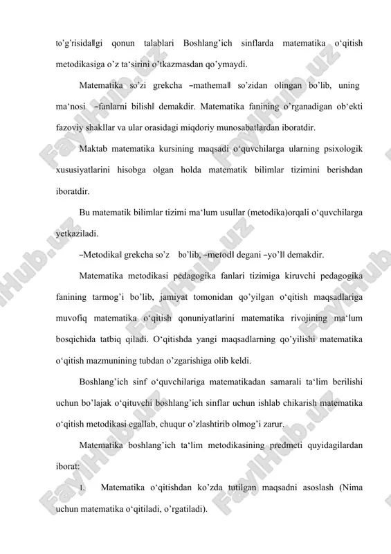 qsadlari o‘qitish mazmuni o‘qitish shakllari o‘qitish metodlari o‘qitish vositalari o‘qitishning maqsadi, mazmuni, metodlari, vositalari va shakllari metodik jihatlarining asosiy tarkiblarida murakkab, uni o’ziga xos grafik bilan tasvirlash mumkin. matematika o‘qitish metodikasi boshqa fanlar, eng avvalo, matematika fani – o’zining tayanch fani bilan uzviy bog’liq. hozirgi zamon matematikasi natural son tushunchasini asoslashda to’plamlar nazariyasiga tayanadi. boshlang’ich sinflar uchun mo’ljallangan hozirgi zamon matematika darsligining birinchi uchun berilgan quyidagi topshiriqlarga duch kelamiz: ―rasmda nechta yuk mashinasi bo’lsa, bir qatorda shuncha katakni bo’ya, rasmda nechta avtobus bo’lsa, 2-qatorda shuncha katakni bo’ya». bunday topshiriqlarni bajarish bolalarni ko’rsatilgan to’plamlar elementlari orasida o’zaro bir qiymatli moslik o’rnatishga undaydi, bu esa natural son tushunchasini shakllantirishda muhim ahamiyatga ega. mo’m umumiy matematika metodikasiga bog’liq. umumiy matematika metodikasi tomonidan belgilangan qonuniyatlar kichik yoshdagi o‘quvchilarning yosh xususiyatlarini hisobga olgan holda ishlab chiqiladi. 2. matematika metodikasining pedagogika va psixologiya, pedagogik texnologiya fanlari bilan aloqasi. boshlang’ich sinf mo’m pedagogika va yangi pedagogik texnologiya …