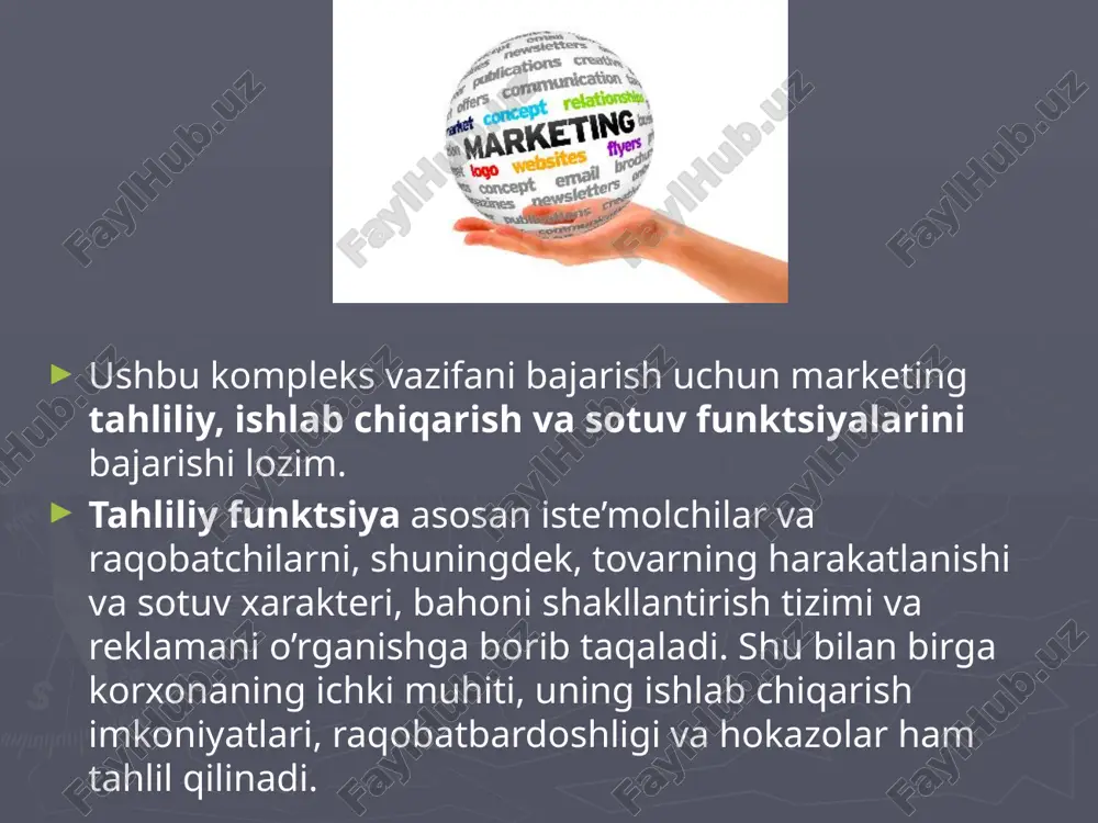 i bozorlarni tanlab olish hisoblanadi. har bir maqsadli segmentga, raqobatchilarning undagi o’rnini hisobga oladigan alohida marketing strategiyasi ishlab chiqiladi. bunda umumiy yo’nalishlar hamda marketing kompleksi har bir tashkil etuvchisining ichki strategiyasi (tovar, baho, sotish va kommunikativ siyosat) ishlab chiqiladi. image1.jpeg image2.jpeg image3.jpeg image4.jpeg image5.png image6.jpeg image7.jpeg image8.jpeg image9.jpeg