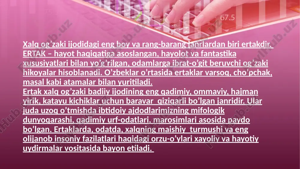 klarda voqelik makoni aniq shahar yoki qishloqda kechadi, aniq qahramon ishtirokida yuz beradi. ular mazmun-mundarijasi va g’oyaviy yo’nalishi, obrazlariga ko’ra sehrli-fantastik va hayvonlar haqidagi ertaklardan farq qiladi ertaklarning axloqiy – tarbiyaviy ahamiyati. “ertaklar hech vaqt bekorchi, ermak narsalar emas,- deb yozgandi ulug’ adib muxtor avezov,- ular hamma vaqt zo’r ijtimoiy va tarixiy ahamiyatga egadirlar. ertaklar xalqning necha-necha ming yilliklar davomidagi hayotiy tajribalarini umumlashtirgan holda uning ijtimoiy ongida, estetik didida, axloqiy qarashlarida e’tiqodida kechgan o’sish-o’zgarishlarning badiiy tarixi sifatida ayricha ahamiyat kasb etgan. shu bois hozir ham miriqib tinglanadi, sevilib o’qiladi, eng muhimi, navqiron avlodning ma’naviy-axloqiy kamol topishida beqiyos ta’sir ko’rsatib kelmoqda. e`tiboringiz uchun rahmat! image1.jpeg image2.jpeg image3.jpeg image4.jpeg image5.jpeg image6.png image7.jpeg image8.jpeg image9.jpeg image10.jpeg /docprops/thumbnail.jpeg
