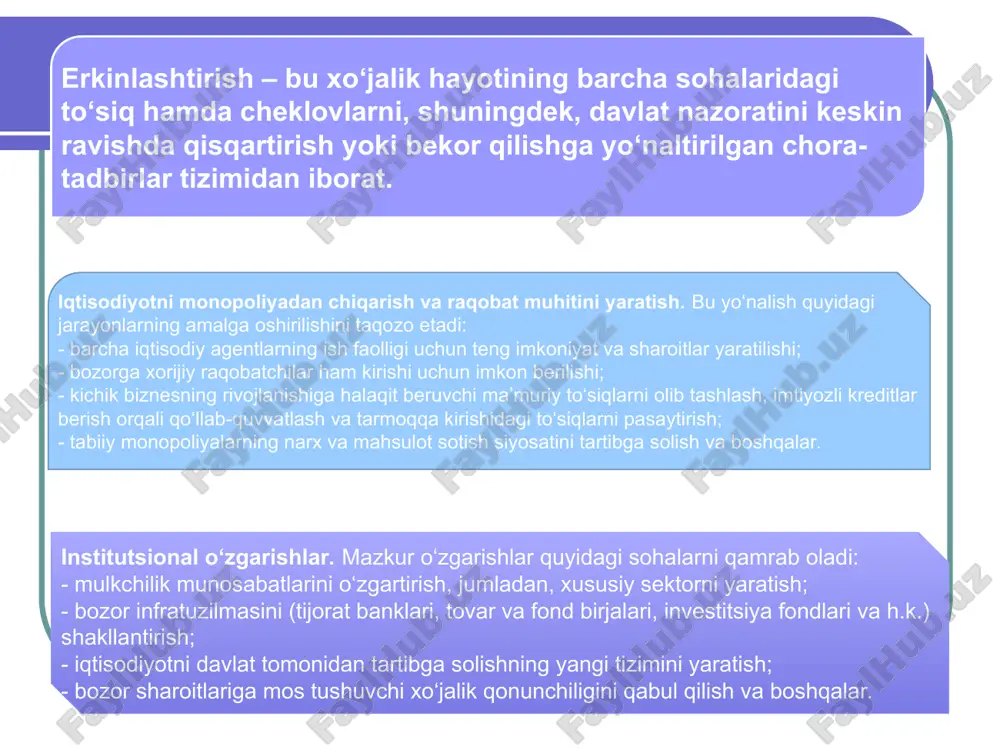 iluvchi tarixiy davrdir. 1980-1990 yillarga kelib dunyoda ro’y bergan muhim o’zgarishlar iqtisodiy taraqqiyot istiqbollari to’g’risidagi nazariyalarni qaytadan ko’rib chiqish va ularga jiddiy o’zgartirishlar kiritishni zarur qilib qo’ydi. chunki, bu vaqtga kelib g’arbiy mamlakatlarda uzoq vaqtdan beri (a.smit davridan boshlab) hukm surib kelgan erkin iqtisodiy tartibga solish, ya’ni iqtisodiyotning o’zini-o’zi tartibga solish g’oyasi ham, iqtisodiyotni markazlashtirilgan tarzda tartibga solish va boshqarish g’oyasi ham inqirozga uchradi. bunday sharoitda iqtisodiy taraqqiyotning sifat jihatdan yangi yo’llarini qidirib topish zarur bo’lib qoldi. bu vaqtga kelib ko’pgina rivojlangan mamlakatlarning tajribalari umumlashtirilib, iqtisodiyotning yangi taraqqiyot yo’li - ongli ravishda boshqariladigan va tartibga solinadigan bozor iqtisodiyoti, deb tan olindi va aksariyat davlatlar shu yo’lni tanladilar. lekin bunday bozor iqtisodiyotiga o’tish yo’llari (modellari) xilma-xil bo’lib, ularning umumiy va xususiy tomonlari farqlanadi. jahon tajribasida bozor iqtisodiyotiga o’tishning barcha yo’llari birlashtirilib, quyidagi uchta asosiy turga bo’linadi: 1) rivojlangan mamlakatlar yo’li; 2) rivojlanayotgan mamlakatlar yo’li: 3) sobiq sotsialistiq mamlakatlar yo’li; 4) sotsializm …