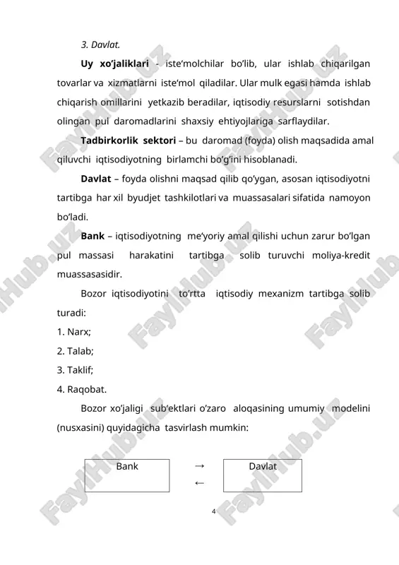kapital va ishlab chiqarishning yuqori darajada umumlashganligi, mulkning bir qismi yirik monopoliyalar va davlat qo’lida to’planib, milliy va xalqaro miqyosda umumlashganligi; 3. iqtisodiyotni tartibga solishda davlatning faol ishtiroki. davlat fan-texnika taraqqiyotini qo’llash, turli iqtisodiy tadbirlarni o’tkazish, rivojlanish istiqbolini aniqlash, turli sohalar va tarmoqlar o’rtasidagi nisbatlarni tartibga solish chora-tadbirlarini belgilash vazifalarini bajaradi. 4. xo’jaliklarni yuritishda reja usulidan foydalanishning kuchayishi (biznes rejasi, marketing tizimi orqali boshqarish). 5. ijtimoiy himoyaing kuchayishi. bunda davlatga, jamoalar va xususiy kishilarga tegishli turli xil ijtimoiy ta‘minot va ijtimoiy sug’urta fondlarining vujudga kelishi. hozirgi zamon bozor xo’jaligi iqtisodiy xususiy va davlat sektorlarining o’zaro aloqasiga asoslanadi. har qanday iqtisodiy tizim singari bozor iqtisodiyoti ham iqtisodiyotnig umumiy muammolarini ifoda etuvchi qo’yidagi savollarga javob topishi zarur: ya‘ni, nima va qancha miqdorda ishlab chiqarish zarur? qanday texnika va texnalogiya bilan ishlab chiqarish zarur? kim uchun ishlab chiqarish zarur? bozor iqtisodiyoti sharoitida: 1. ko’proq foyda beradigan tovarlar va xizmatlar ishlab chiqariladi; 2. puli …