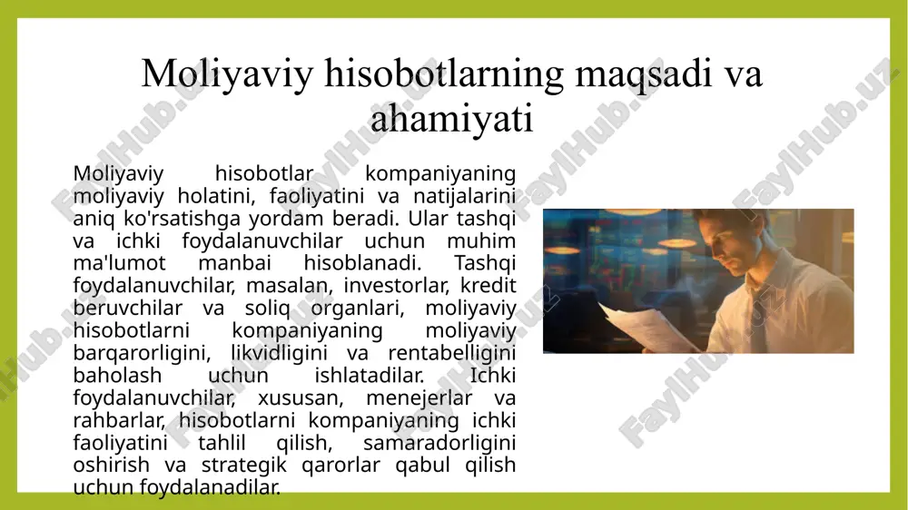 ta'minlaydi va natijada barcha foydalanuvchilar uchun ishonchli ma'lumotlar taqdim etadi. moliyaviy hisobotlarni tayyorlashda qo'llaniladigan asosiy prinsiplarga quyidagilar kiradi: bu prinsip moliyaviy hisobotlarning barcha muhim ma'lumotlarni o'z ichiga olishi va ularni haqiqatga to'liq mos bo'lishini ta'minlashni ko'zda tutadi. hisobotlar foydalanuvchilarni xatolarga yo'l qo'ymasdan, kompaniyaning haqiqiy moliyaviy holati haqida xabardor qiladi. bu prinsip kompaniyaning faoliyatining kelajakda davom etishi kutilmoqda degan taxminni anglatadi. hisobotlar kompaniya o'z faoliyatini to'xtatmasdan davom ettiradi deb hisoblanadi va bu asosda tayyorlanadi. moliyaviy hisobotlar muayyan davrda kompaniyaning faoliyatini aks ettiradi, shuning uchun hisobotda ko'rsatilgan ma'lumotlar, faqatgina aniq va belgilangan davrga asoslanadi. etiboringiz uchun rahmat! image1.jpeg image2.jpeg image3.jpeg /docprops/thumbnail.jpeg