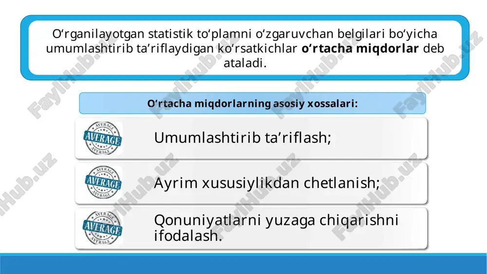 i “shartli moment” usulida hisoblash qator variantalaridan о‘zgarmas ixtiyoriy a soni ayirib, olingan natija boshqa ixtiyoriy b songa bо‘linadi. natijada berilgan xi qatordan yi=(xi-a)/b qatori vujudga keladi. bu qator uchun arifmetik о‘rtacha hisoblanadi. sо‘ngra u b soniga kо‘paytiriladi va olingan natija ustiga a soni qо‘shiladi. natijada boshlang‘ich qatorning haqiqay arifmetik о‘rtacha miqdori kelib chiqadi. kengligi teng oraliqli qatorlarda «a» deb variantaning о‘rtadagi qiymatini «b» о‘rnida esa oraliq kengligi olish tavsiya etiladi. 1-jadval о‘rtacha nisbiy miqdorni oraliqli variatsion qatorlarda hisoblash shartnomani bajarish darajasi bо‘yicha korxonalar guruhi (foizda) xi kor-xonalar soni ni shartnoma bо‘yicha mahsulot yetkazib berish hajmi (mln.sо‘m) fi shartnomani о‘rtacha bajarish darajasi % а 1 2 3 4 5 6 7 80 гача 80-90 90-100 100-110 110-120 120-130 130 va undan yuqori 1 3 5 9 7 5 4 20 60 100 180 140 100 80 75 85 95 105 115 125 135 1500 5100 9500 18900 16100 12500 10800 …