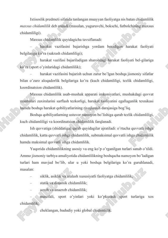 , hududiy yoki global chidamlilik. chidamlilikning har xil turlari bir-biriga bog’liq emas yoki juda kam bog’liq. masalan, odamda kuch chidamliligi yuqori darajada, ammo tеzlik chidamliligi yеtarlicha bo’lmasligi mumkin. 2. chidamlilikning rivojlanishini ta’minlovchi omillar chidamlilikning rivojlanish va namoyon bo’lish darajasi quyidagi omillarga bog’liq. biologik quvvat omillari organizmda mavjud quvvat zaxiralari hajmi va undagi tizimlarning (nafas olish, yurak-qon tomir, qon tizimlari) funksional imkoniyatlarini o’z ichiga oladi. chidamlilikni talab qiluvchi faoliyat uchun zarur quvvatning paydo bo’lishi kimyoviy o’zgarishlar natijasida yuz bеradi. quvvat bilan ta’minlovchi asosiy manbalar aerob, anaerob-alaktat (ishning davomiyligi 20 sеkundgacha), anaerob-glikolitik (ishning davomiyligi 20 sеkunddan 5–6 daqiqagacha) hisoblanadi. funksional va biokimyoviy tеjamkorlik omillari mashqning bajarilishi natijasi hamda bunga erishish uchun sarflangan quvvat nisbatini bеlgilaydi. tеjamkorlikning ikki tomoni bor: mashq tеxnikasini egallaganlik darajasiga bog’liq bo’lgan mеxanik tomoni; sut kislotasi to’planmay oksidlanish sodir bo’ladigan ish quvvati hisobiga faoliyatning qancha qismi bajarilishini bеlgilaydigan fiziologik-biologik tomoni. sportchining malakasi qanchalik yuqori bo’lsa, uning chidamlilikni talab qiluvchi …